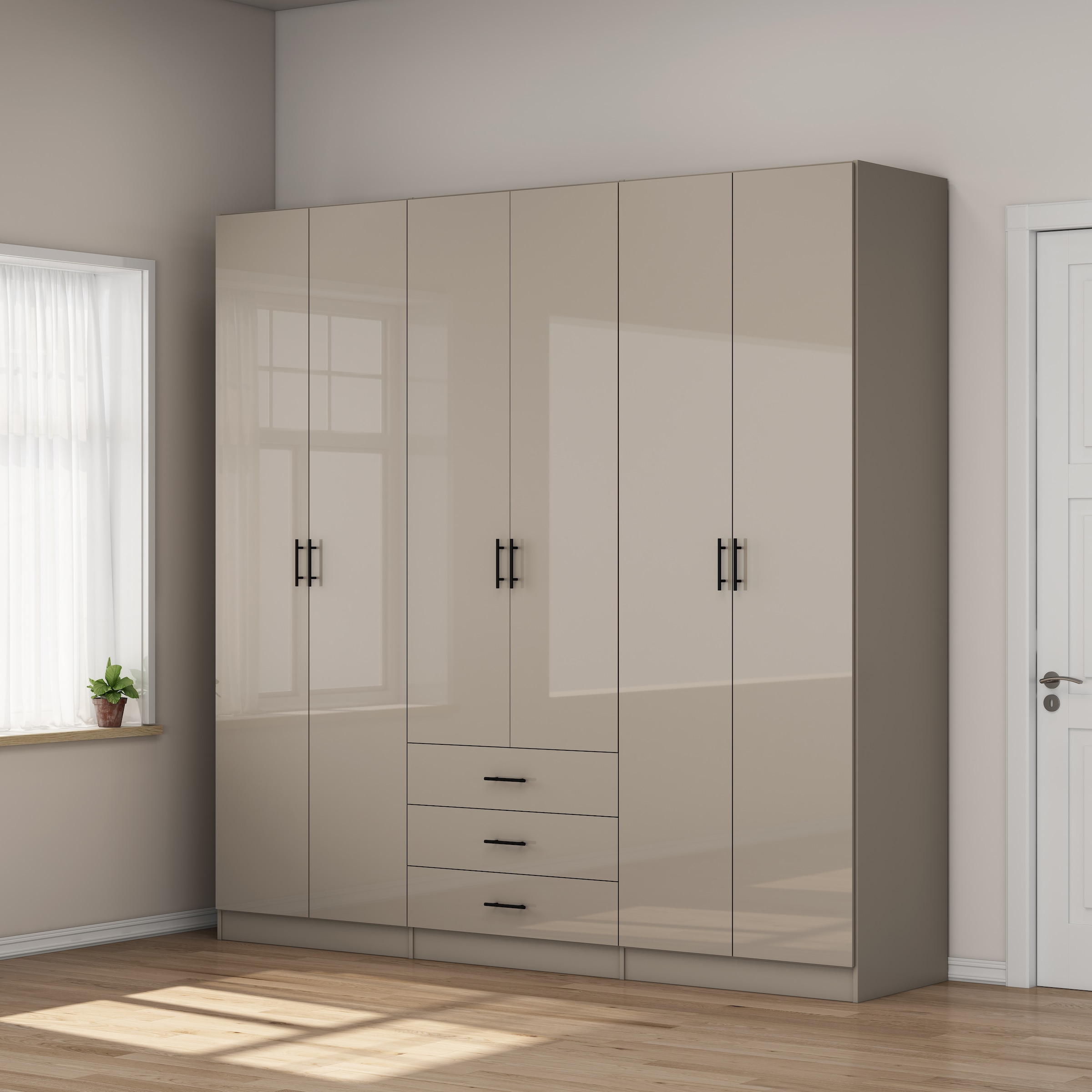 OTTO home Kleiderschrank »Trento Schlafzimmerschrank Garderobe hochglanz« in 2 unterschiedlichen Schrankhöhen wählbar,  Schrank mit 6 Türen und 3 Schubladen, hochglanz Fronten, Höhe 2,39m