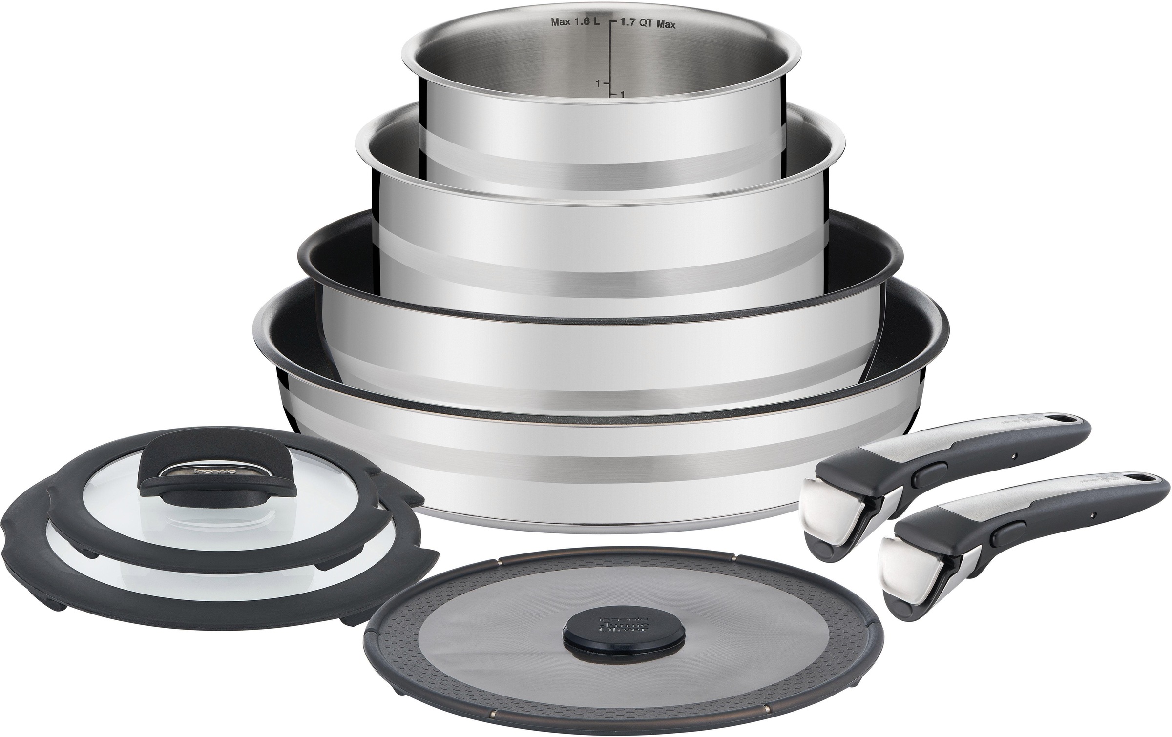 Tefal Pfannen-Set »Ingenio by Jamie Oliver, L95691«, Edelstahl, (Set, 9 tlg.), Edelstahl, Antihaft-Versiegelung, Platzsparend, Backofenfest, Induktionsgeeignet