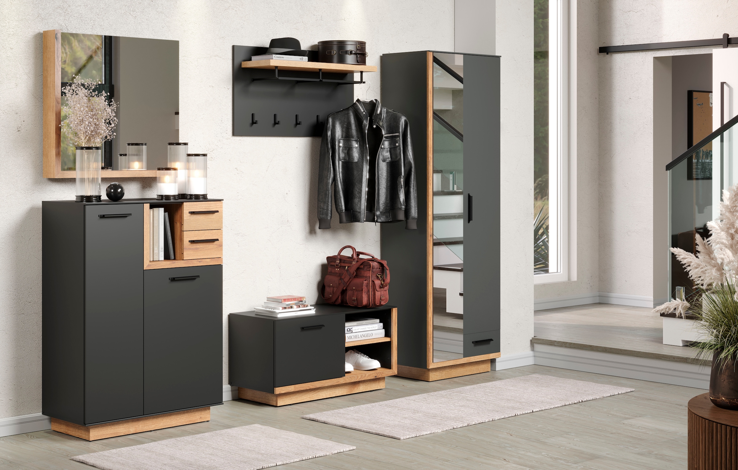 INOSIGN Garderobenschrank »Premont«, (1 St.), Eleganter Flurschrank auf einem Sockel - Soft-Close - Mit Frontspiegel