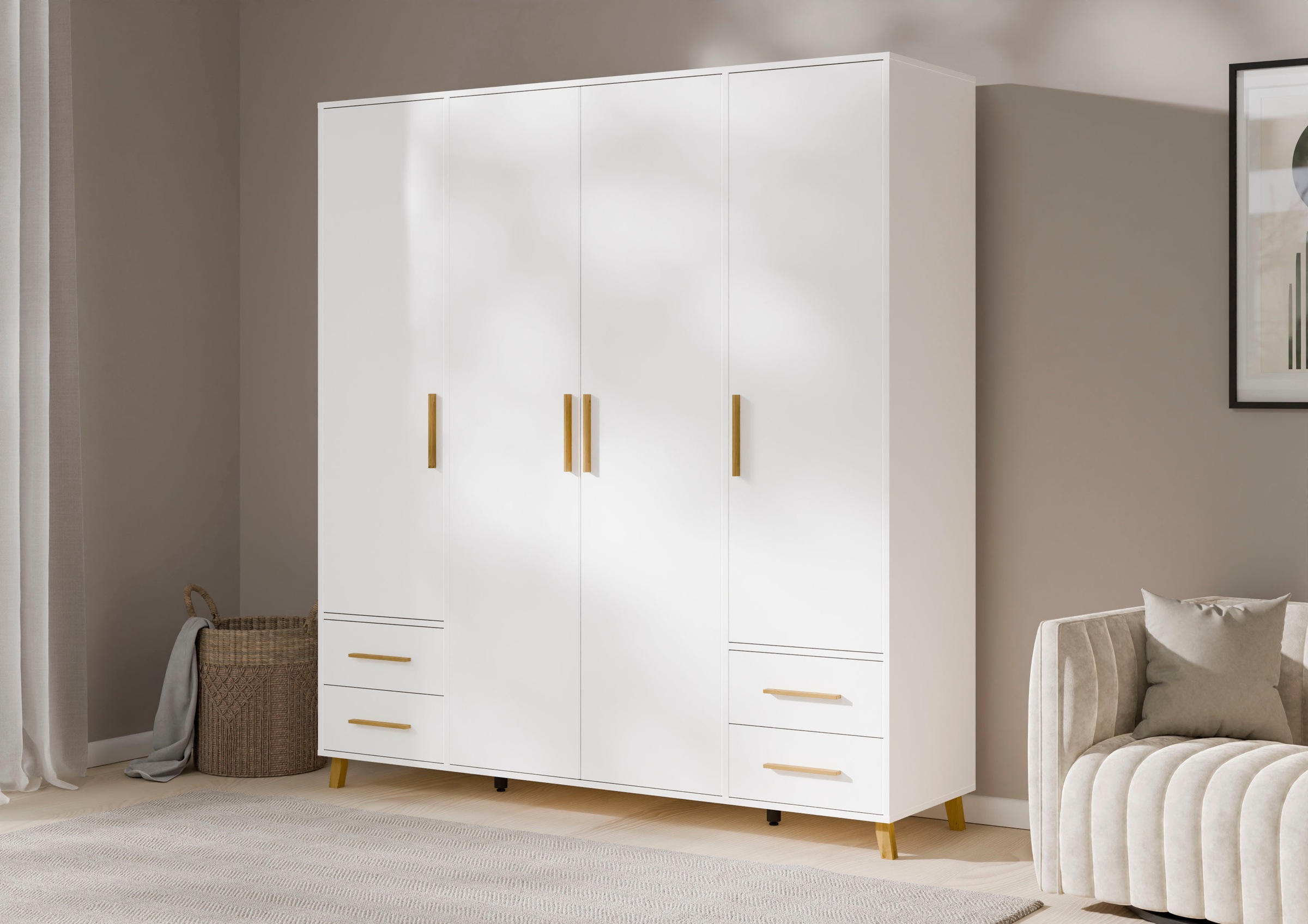 rauch Drehtürenschrank »Kleiderschrank Schrank Garderobe Wäscheschrank SHINJO«, (in 3 verschiedenen Ausstattungen BASIC/CLASSIC/PREMIUM), Griffe und Füße aus Massivholz mit 2 Schubladen MADE IN GERMANY