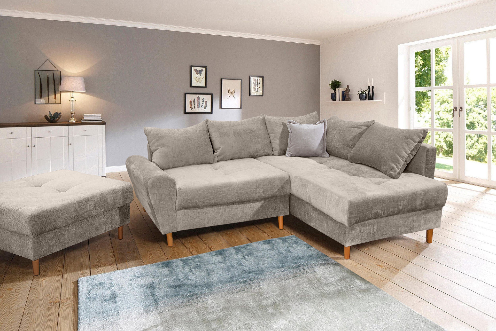 COLLECTION AB Ecksofa »Reims L-Form« Ottomane beidseitig montierbar, inkl. Bettfunktion und Hocker