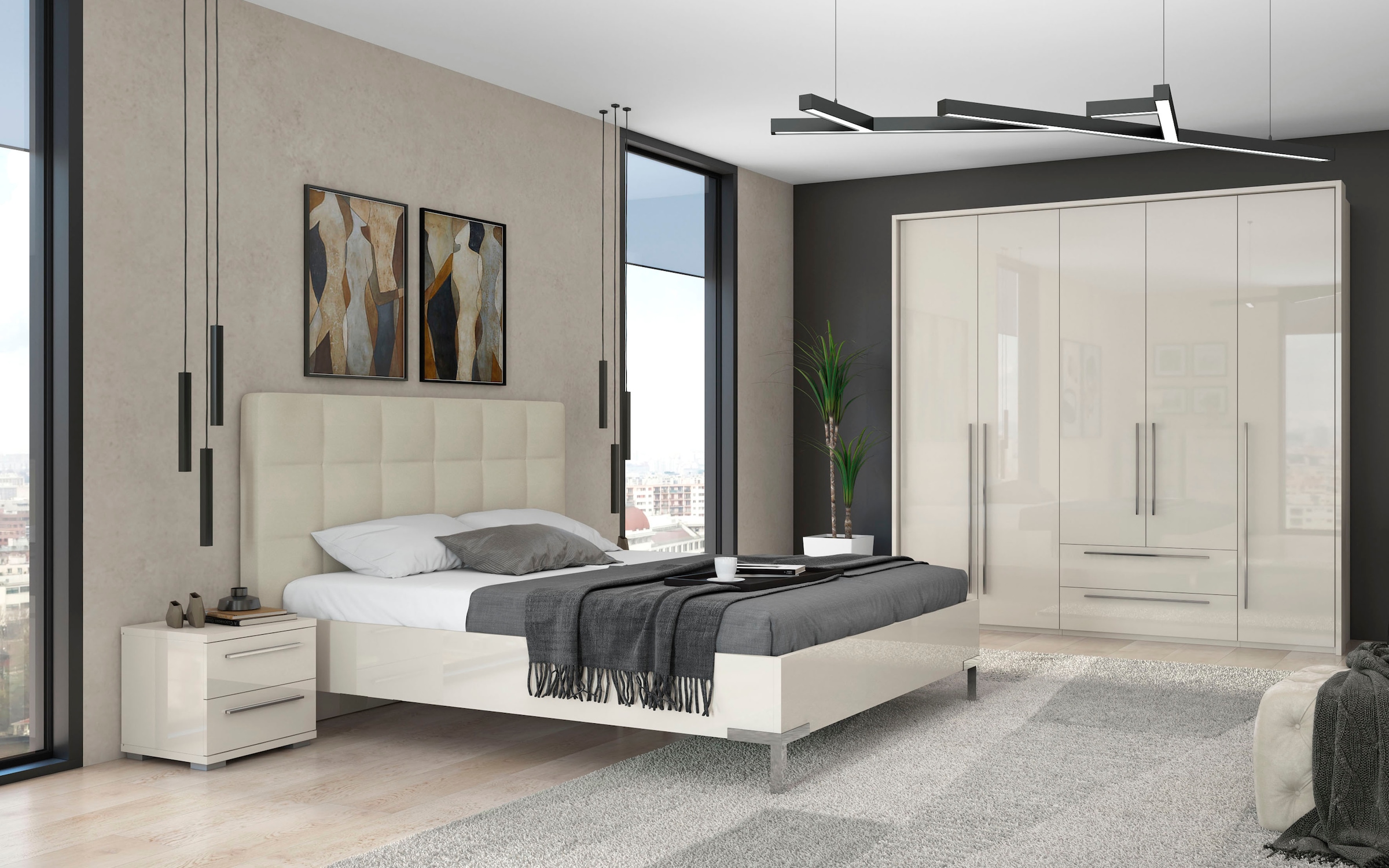 Places of Style Drehtürenschrank »Piano, inklusive Rahmen und Beleuchtung, soft-close-Funktion«, (viele Breiten zur Auswahl, 226cm hoch, mit jeweils 2 Schubladen), beige oder weiß, UV lackiert, Hochglanzfronten, FSC-zertifiziert