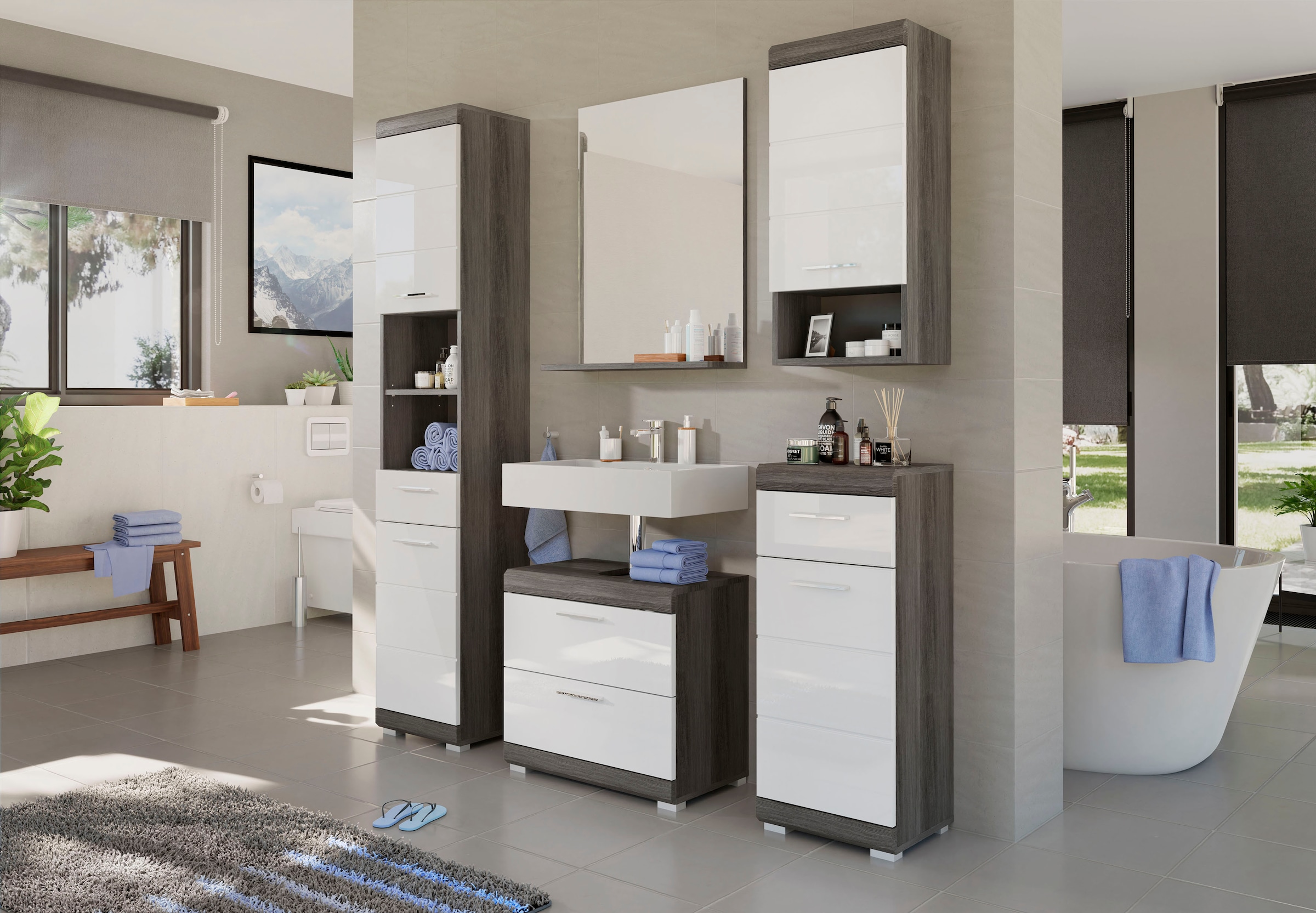 INOSIGN Badmöbel-Set »Siena, 5 teilig, bestehend aus:«, (Set, 5 St.), Hochschrank, WBU, Spiegel, Unterschrank, Hängeschrank