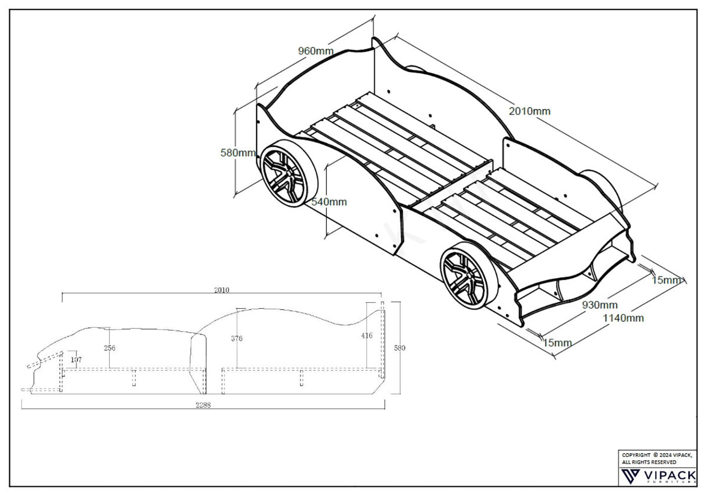 Vipack Autobett »Max 90/200 cm, im Rennwagen-Design, die Show im Kinderzimmer« B/H/T ca.: 229x58x114 cm mit Lattenrost und breiten Rädern,  tolle Felgen-Optik, glänzend lackiert in 2 Farben erhältlich