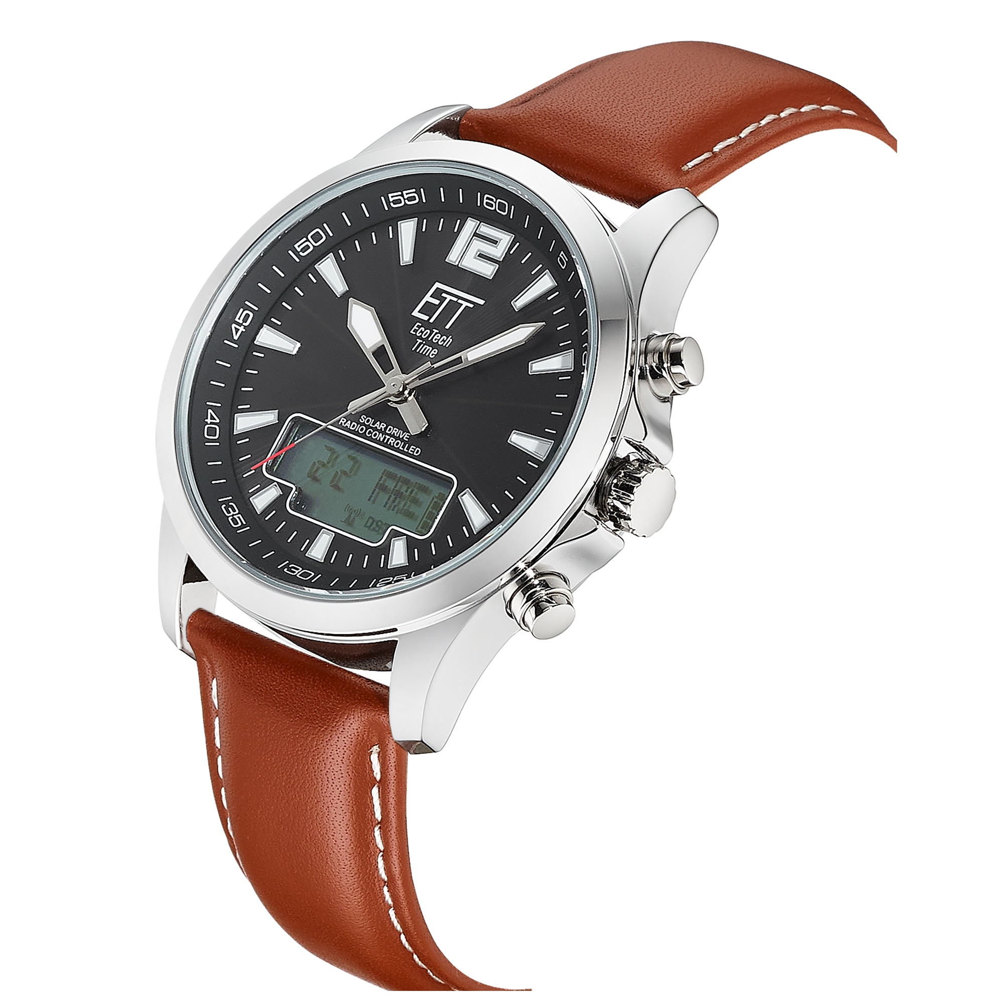 ETT Funkchronograph »Professional World Timer« Armbanduhr, Solar, Herrenuhr, Lederarmband, analog, digital, Tag
