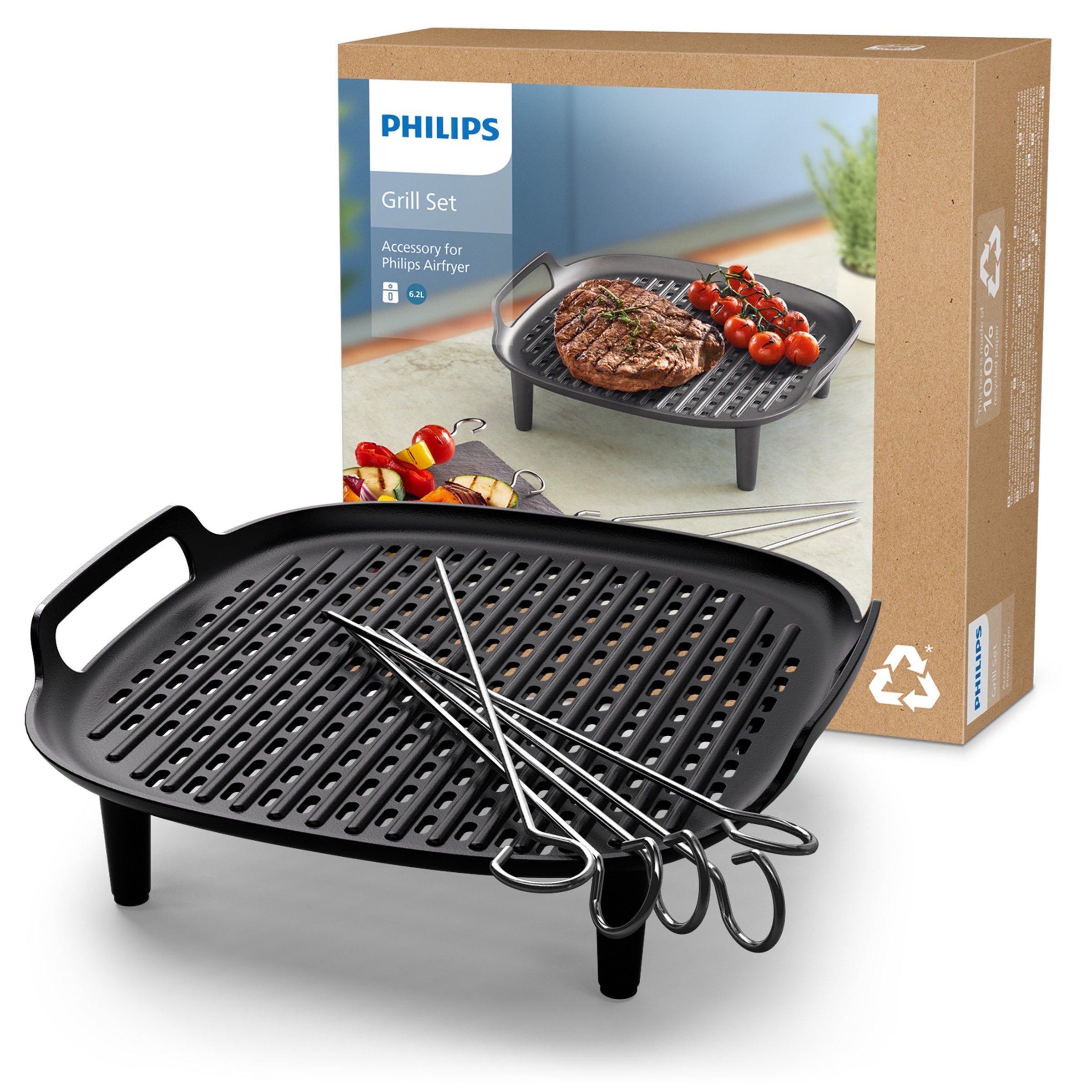 Philips Grillpfanneneinsatz »HD9946/00 für Airfryer 6,2 l, Grillplatte zum Garen auf 2 Ebenen«, Aluminium, (Set, 6 St.), inkl. 5 Spieße, HomeID App, spülmaschinenfest