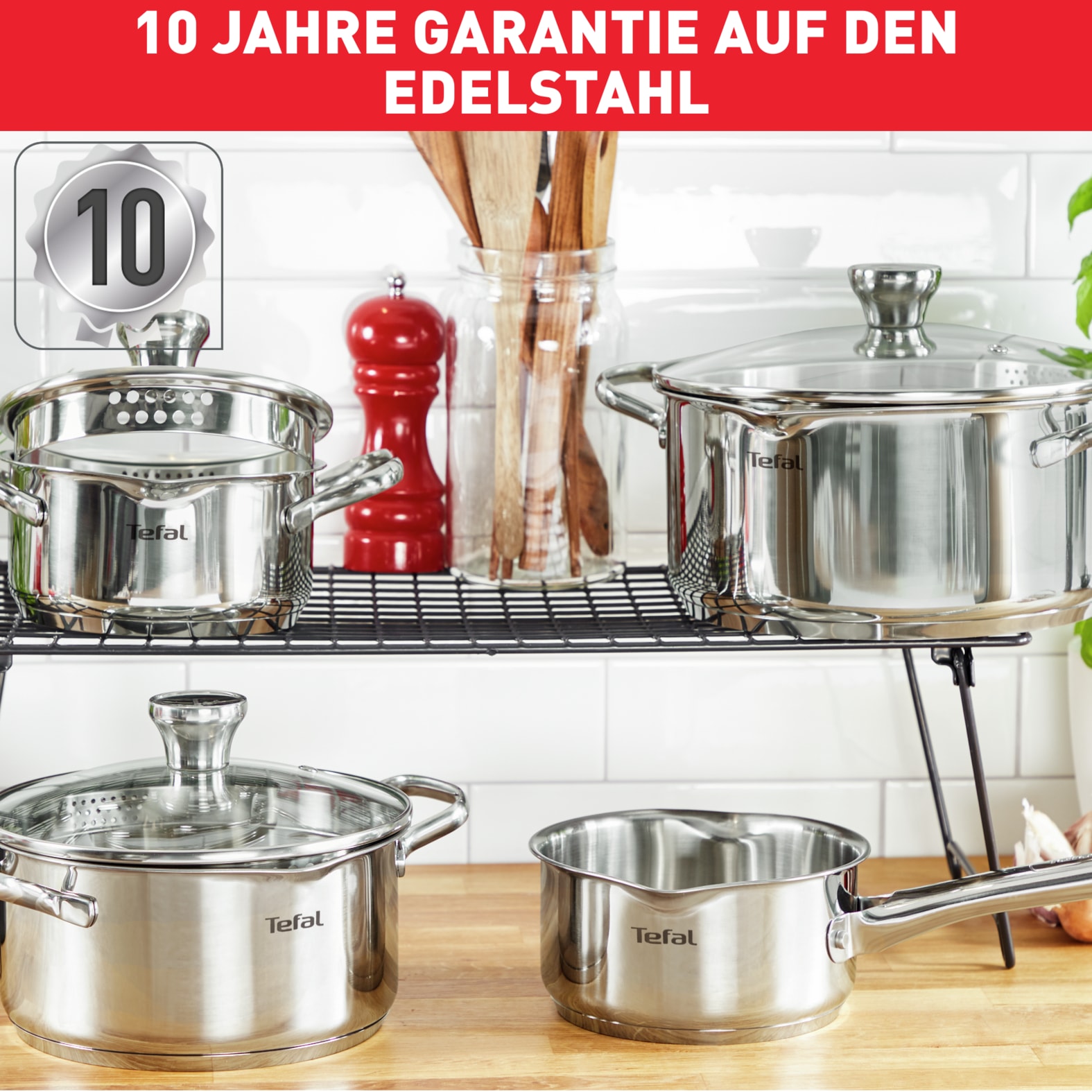 Tefal Topf-Set »Duetto Induktion, robust und hochwertig, Induktions Töpfe Set« Set, 1x Stielkasserolle 16 cm, je 1 Kochtopf mit Deckel 18/20/22/24 cm, 9 Stk. tlg. Edelstahl
