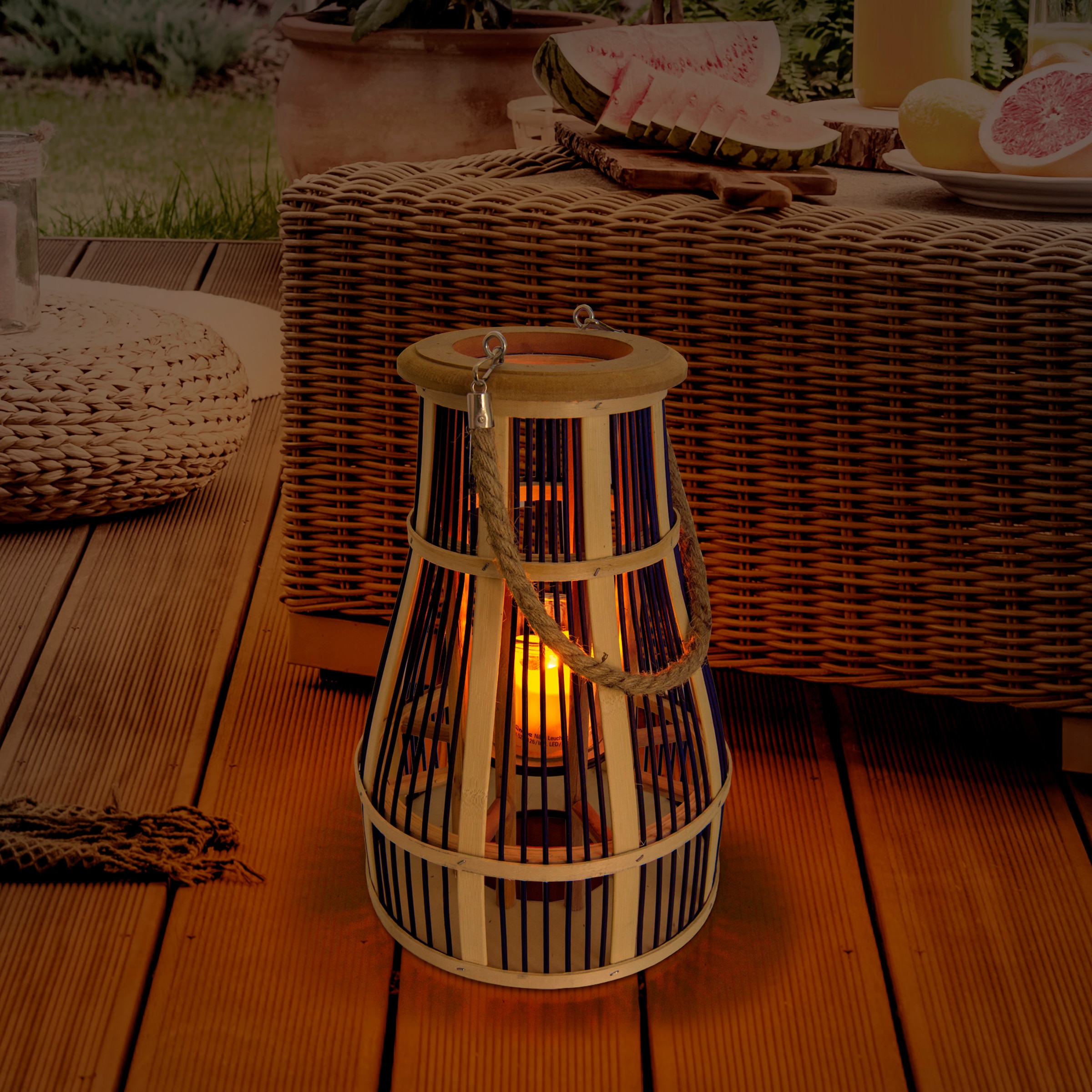 näve LED Solarleuchte »Korb«, 1 flammig-flammig, Flammeneffekt, Glaseinsatz für Teelicht, Material: Bambus/Jute/Glas