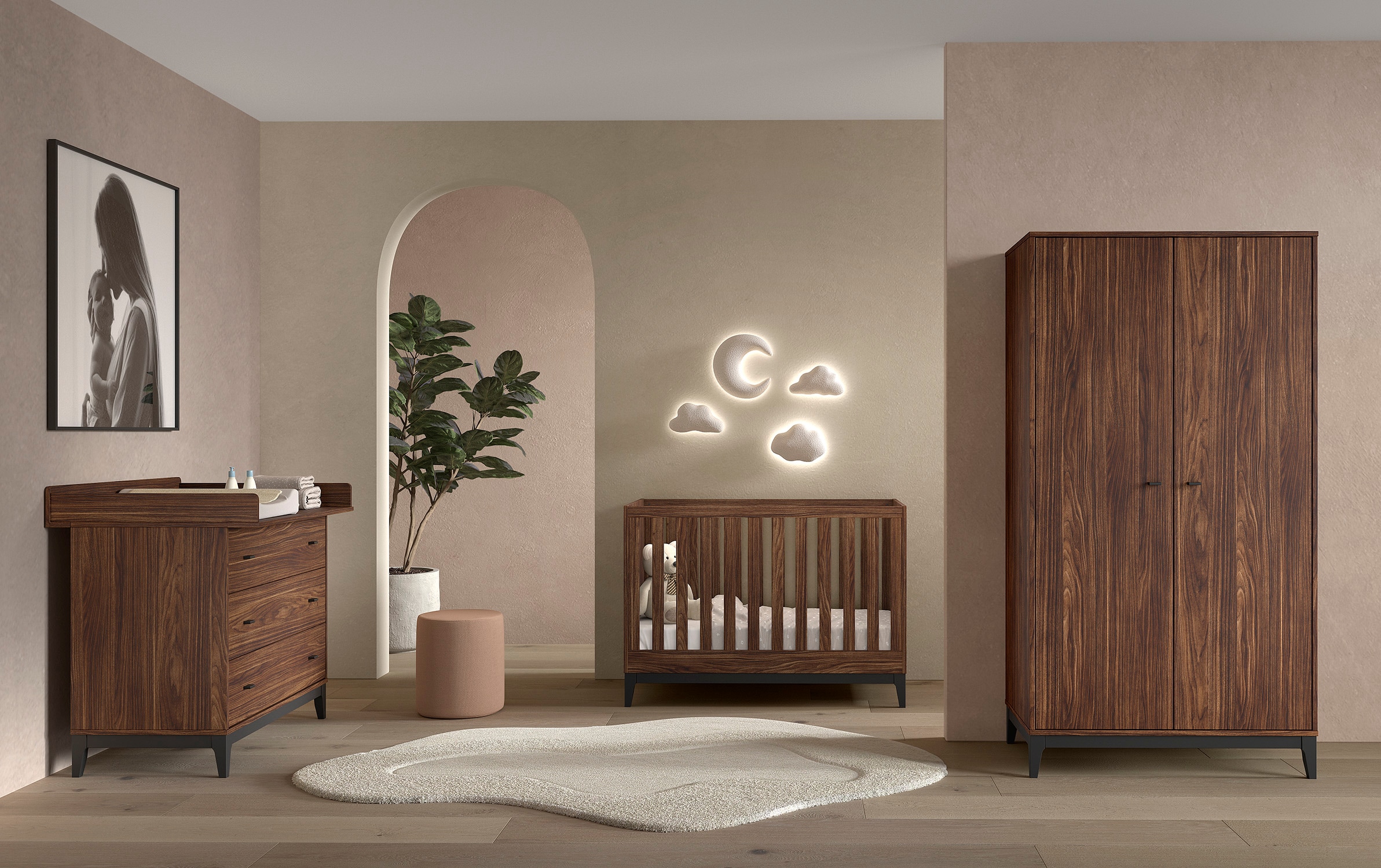 Vipack Babymöbel-Set »Ilyas, das perfekte Set für Ihr Kinderzimmer« 4 tlg. Pflegeleichte Oberfläche, Nussbaum Dekor