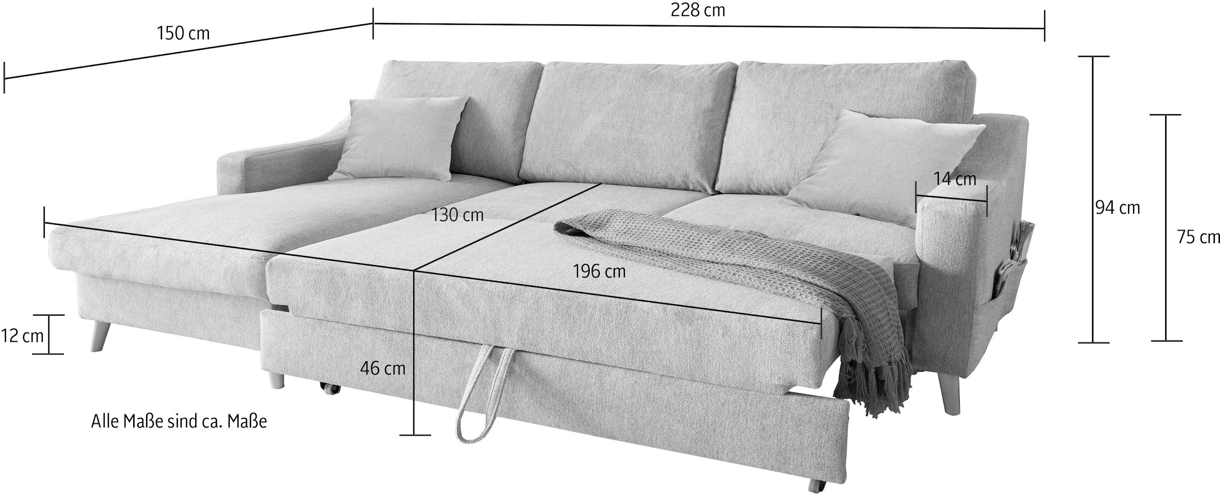 INOSIGN Ecksofa »Valentina L-Form«, 2 Zierkissen, mit Seitentasche, ausziehbarer Liegefläche, Bettkasten