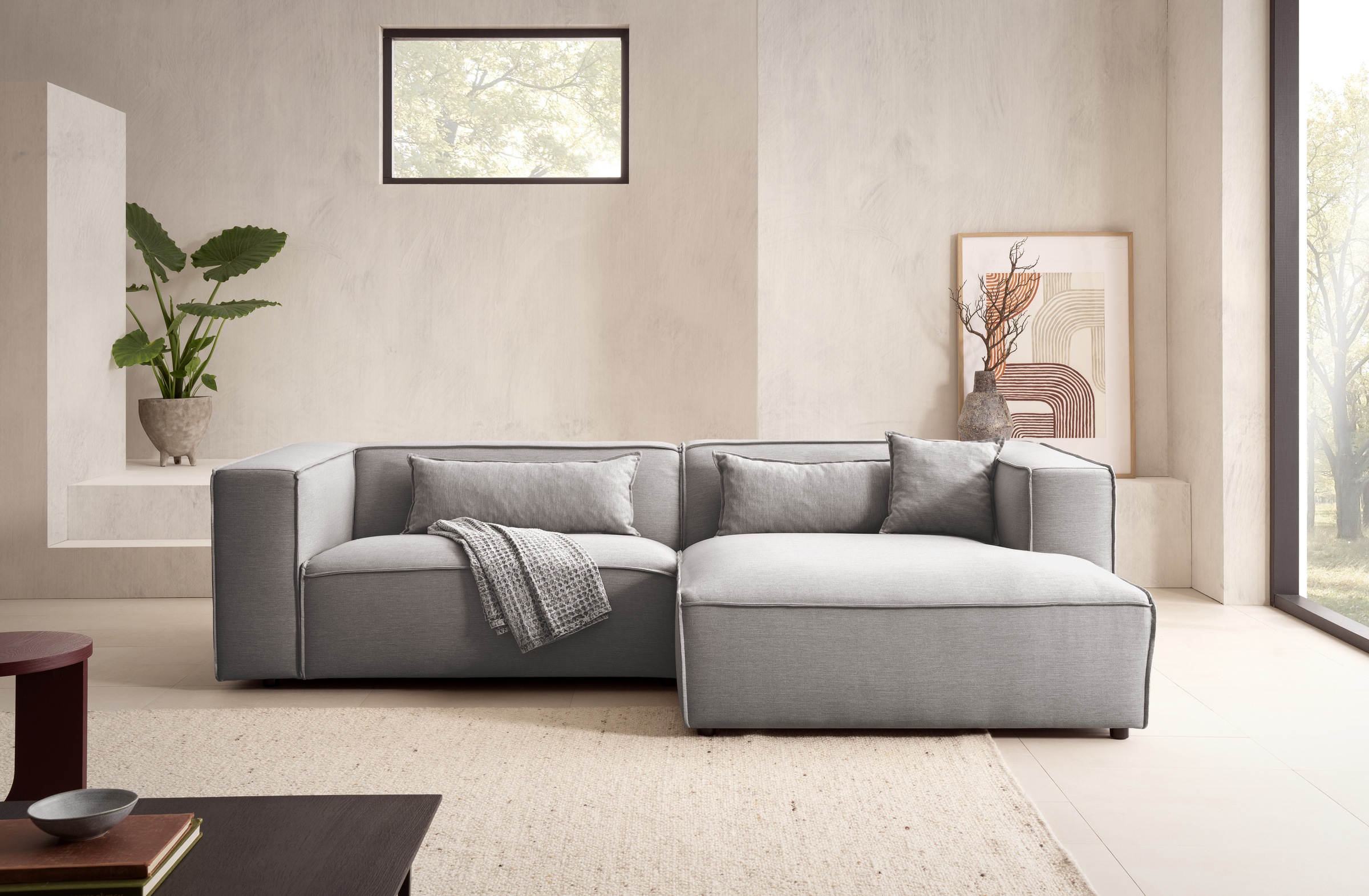 LeGer Home by Lena Gercke Ecksofa »PIARA mit Kedernaht in Cord oder Leinenoptik, moderne Couch in L-Form«, wahlweise Ottomane rechts/links, schwarze Füße, bequemer Sitzkomfort