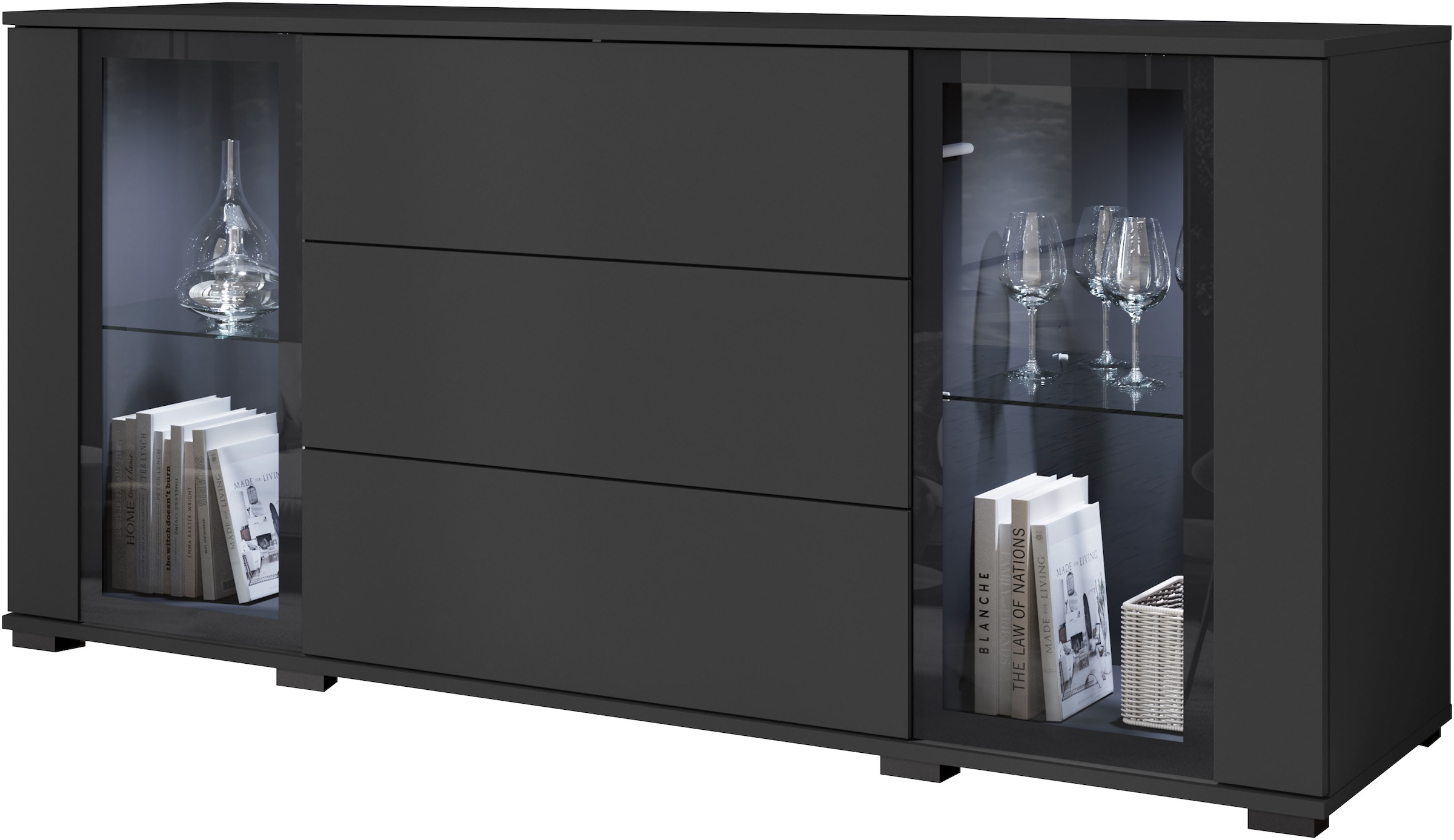 INOSIGN Sideboard »modernes Design mit Glaseinsätzen und 3 Schubladen, Breite 150 cm«, (1 St.), Grifflose Fronten mit Push-to-Open, höhenverstellbare Einlegeböden