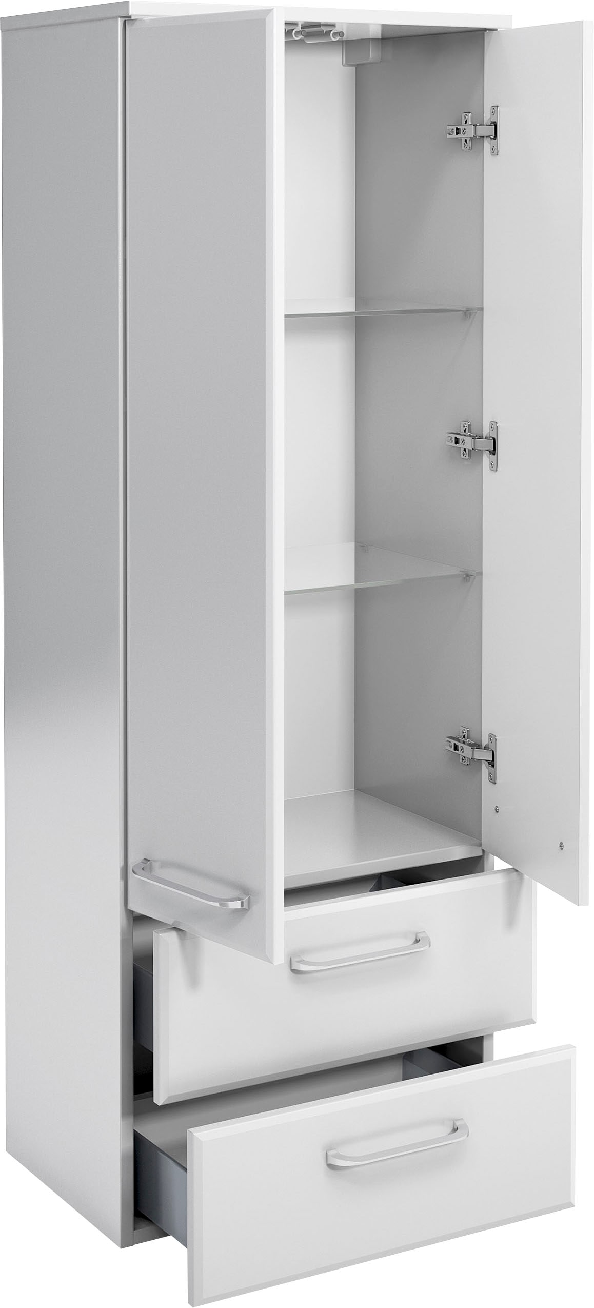 Saphir Midischrank »Quickset Badschrank 50 cm breit, 2 Türen, 2 Schubladen, 2 Einlegeböden«, Badezimmer-Midischrank inkl. Türdämpfer, Griffe in Chrom glänzend