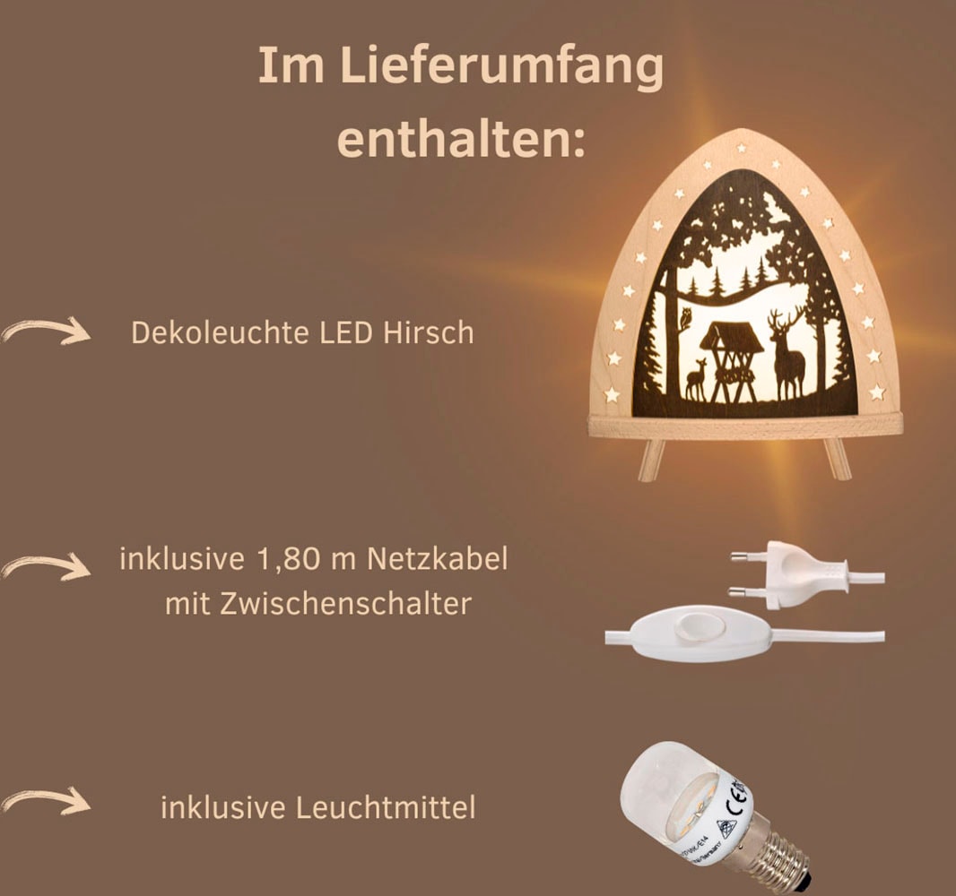 Weigla Lichterbogen »LED Hirsch, Dekolampe aus Holz, Winterdeko & Herbstdeko NATUR-BRAUN«, Erzgebirge garantiert, Weihnachtsdeko Innen, Weihnachtsbeleuchtung
