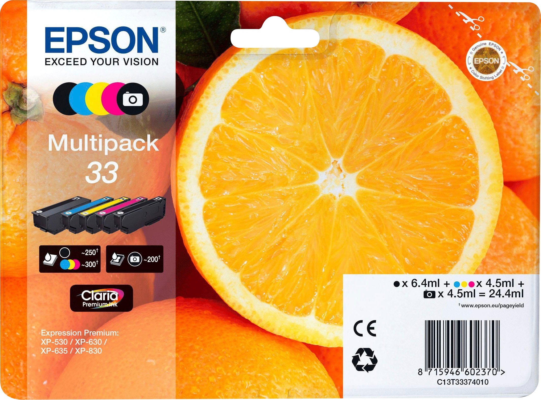Epson Tintenpatrone »33, C13T33374021, Clara Premium Ink«, (Spar-Set, Multipack), original Druckerpatrone 33 schwarz/magenta/cyan/yellow