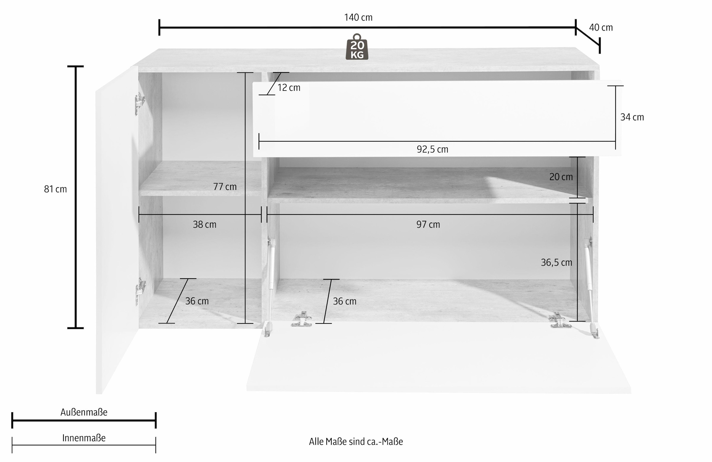 INOSIGN Sideboard »Potenza, Kommode, Schrank«, 1x Tür, 1x Klappe, 1x Schubkasten, Breite 140 cm, ohne Beleuchtung