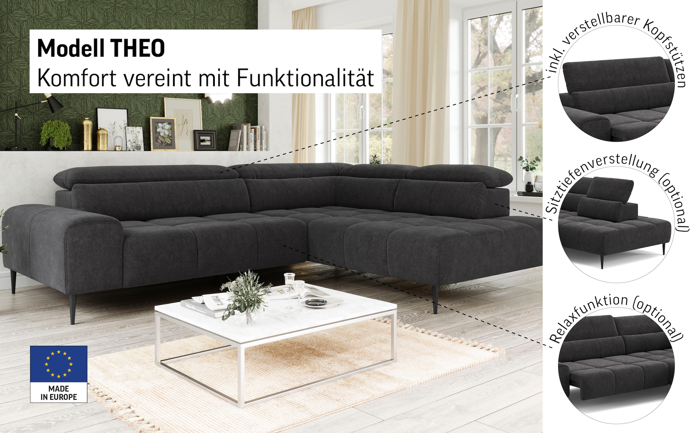 COTTA Ecksofa »Theo L-Form, B: 298 cm« mit Kopfteilverstellung, optional Sitztiefenverstellung