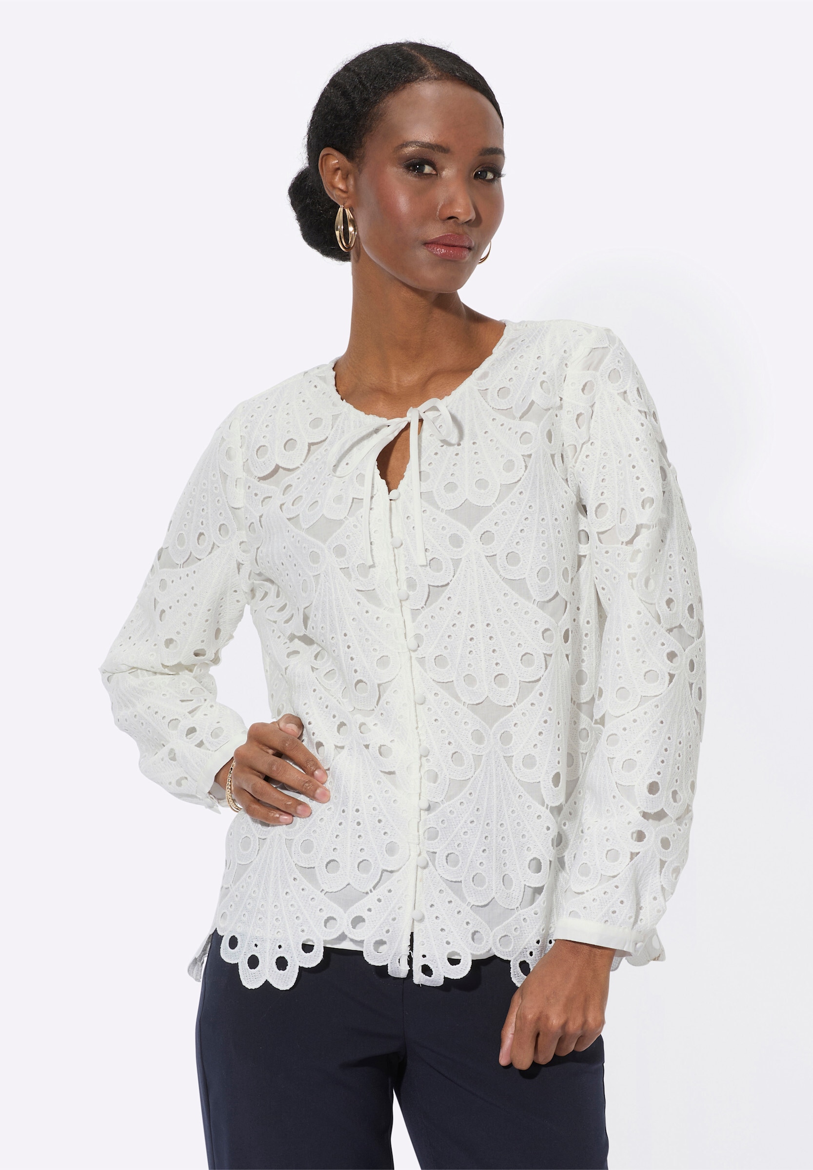 creation L Klassische Bluse »Spitzen-Bluse Spitzenbluse mit Schlingenknopf-Leiste«