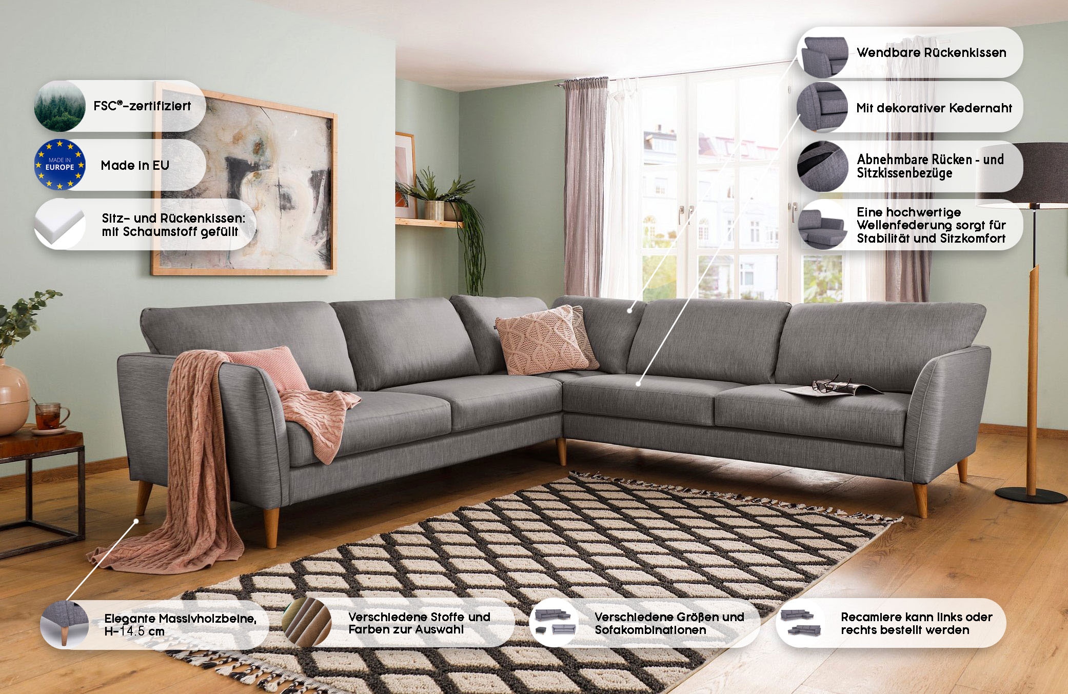 Home affaire Ecksofa »MARSEILLE 278/278 cm, L-Form, Webstoff, Flachgewebe, Filzoptik« gleichschenklig, Massivholzbeine, Landhausstil, Wellenunterfederung