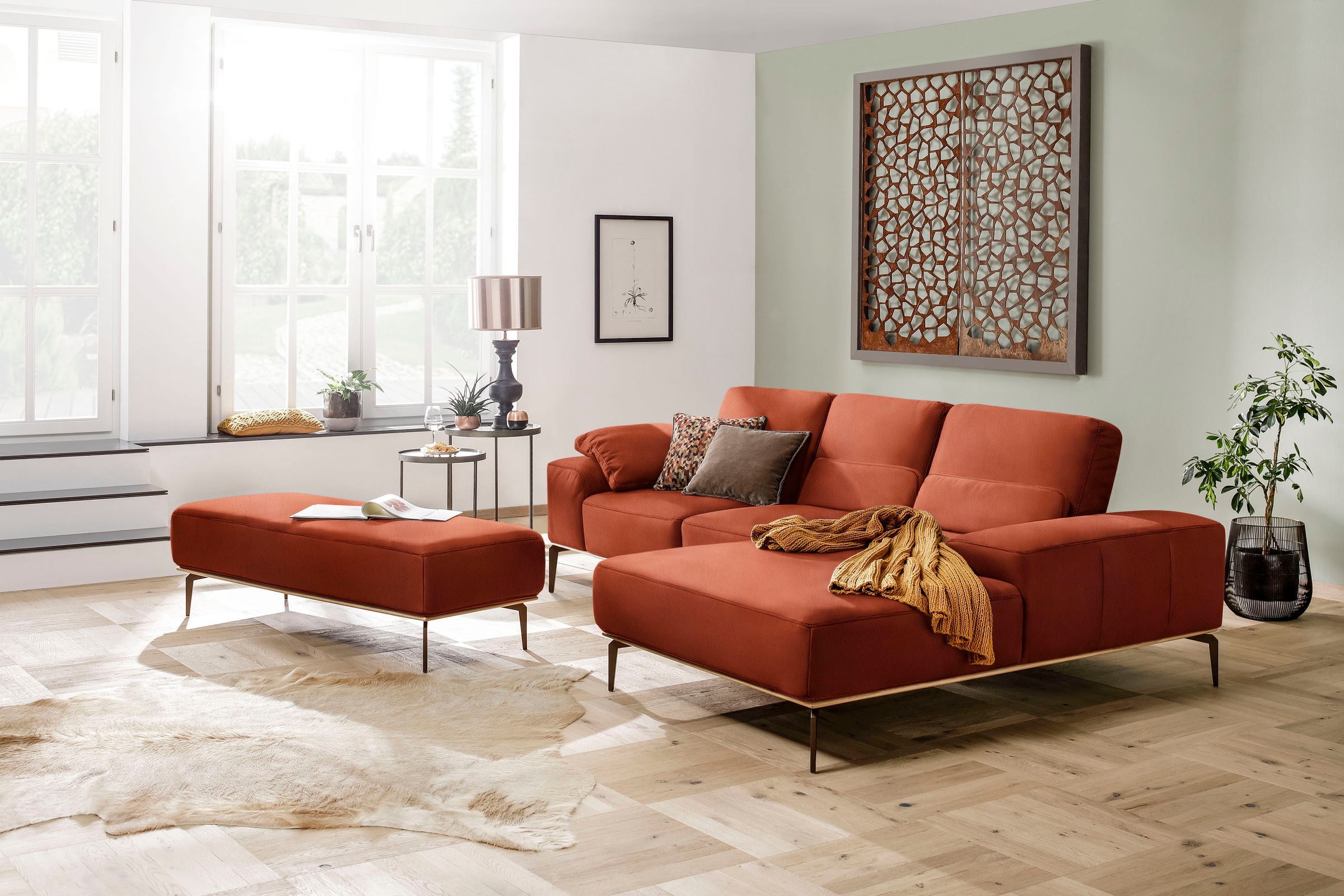 W.SCHILLIG Ecksofa »run, Designsofa mit tollem Sitzkomfort, bequem, L-Form«, mit Holzsockel, Füße in Bronze pulverbeschichtet, Breite 279 cm
