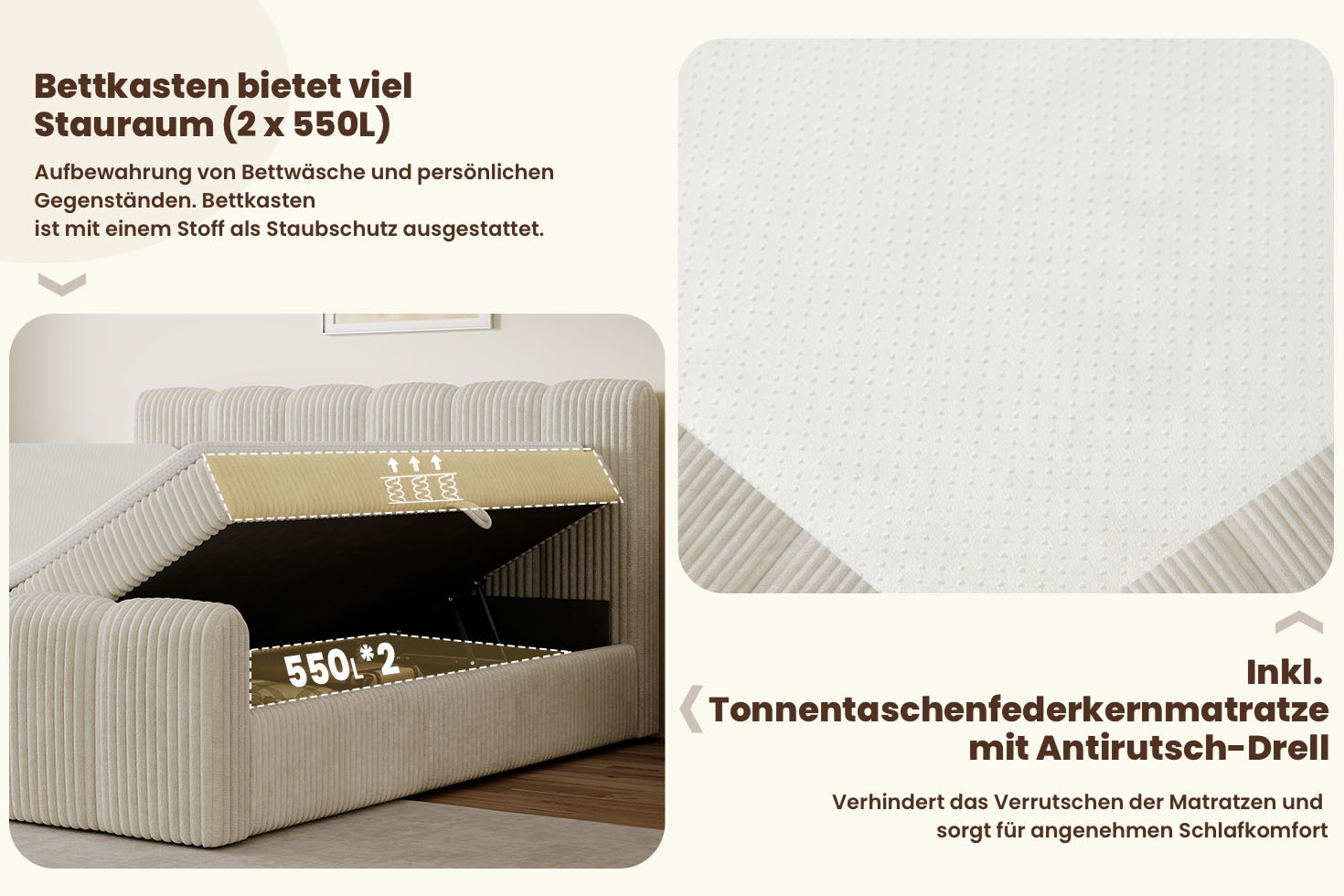 OTTO home Boxbett »SIVVA, Polsterbett mit Bettkasten, inkl. Taschenfederkernmatratze H3« mit Kaltschaumtopper, flauschiger Breit-Cord-Bezug, 180x200 cm