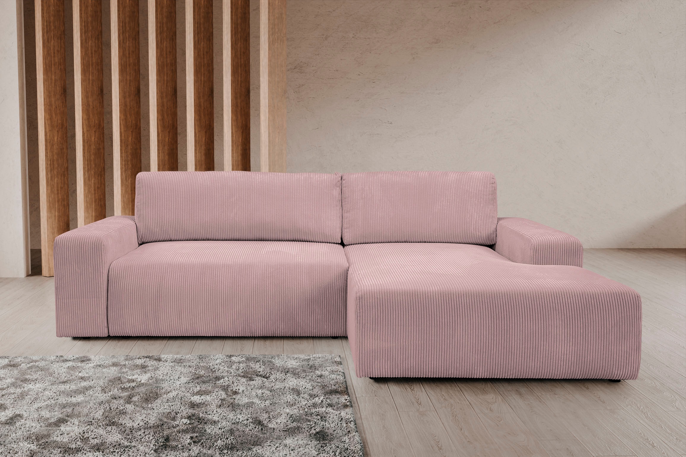 WERK2 Ecksofa »Hugo-L, kuschelweiche Trendstoffe Cord und Breitcord, L-Form«, Design Ecksofa in Cord mit Schlaffunktion & Bettkasten, Breite 267cm