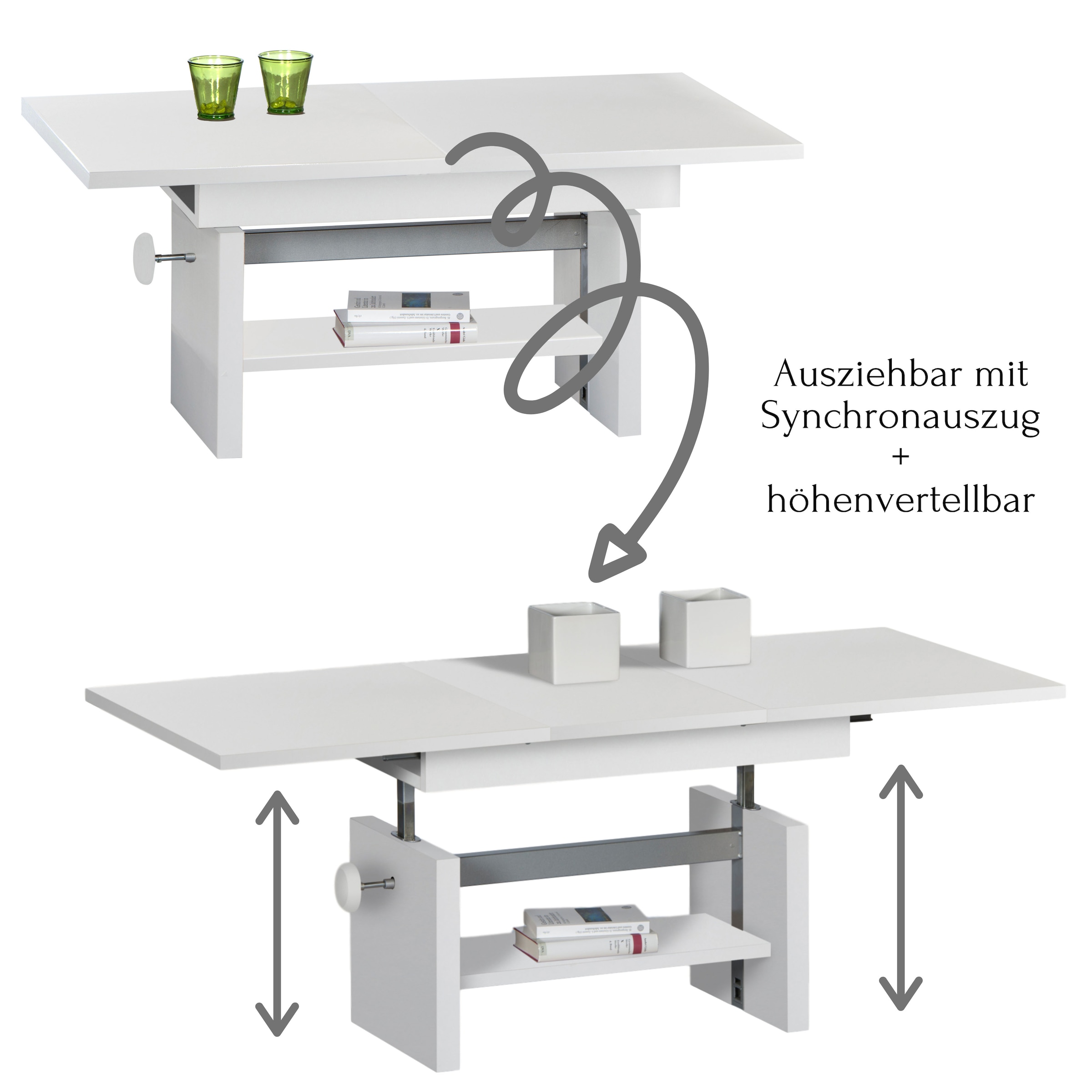 Stolkom Couchtisch »Event höhenverstellbar, ausziehbar, BxHxT 110-150x48-63x65 cm«, Höhenverstellbar mit Liftmechanik und ausziehbar in 3 Farbausführungen