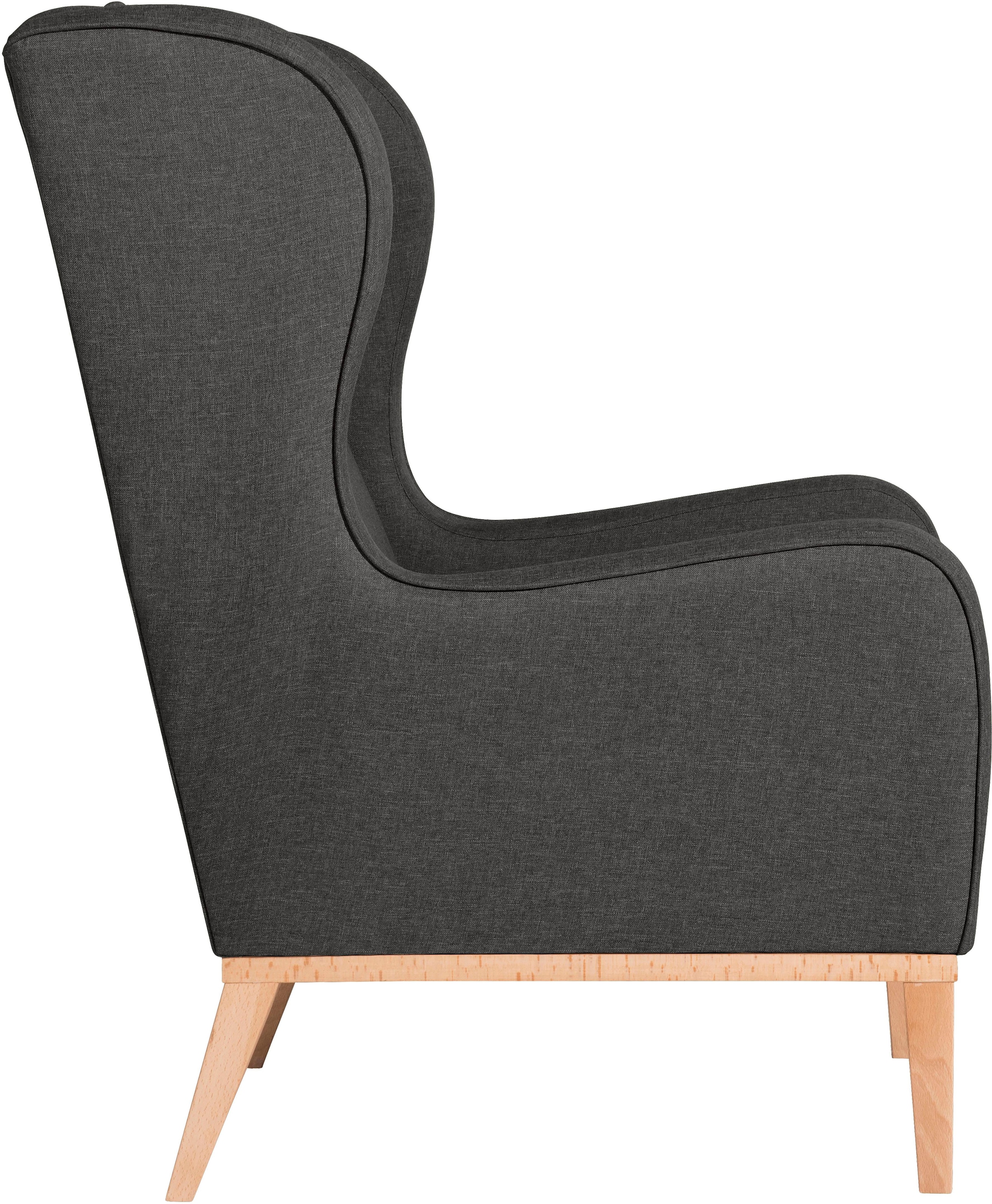Max Winzer® Ohrensessel »Anthony eleganter Hochlehner, Designsessel, bequem und komfortabel«, mit umlaufendem Holzsockel & Kedernaht, Solitärmöbel mit hohem Holzfuß