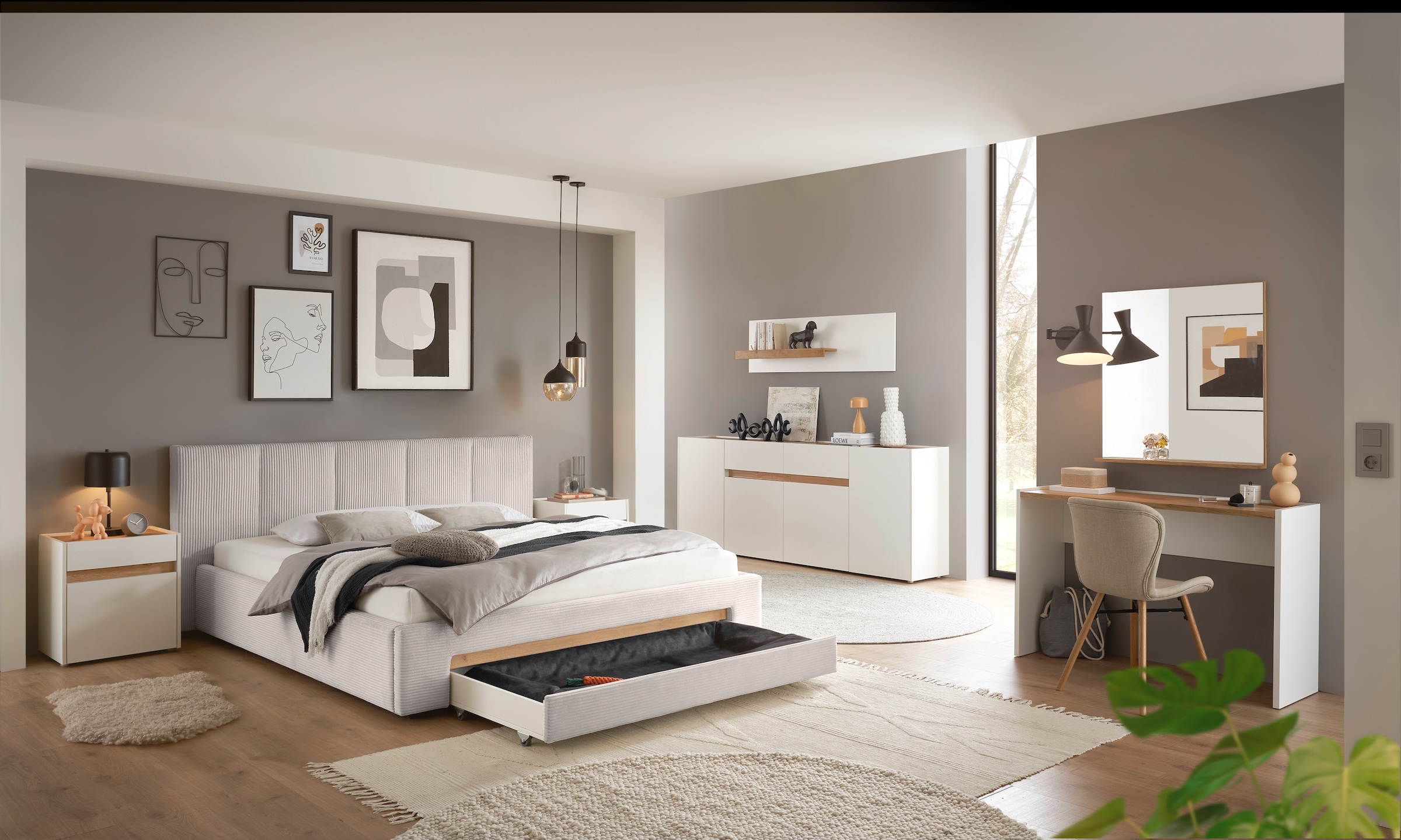 INOSIGN Polsterbett »CiTY/GiRON, Bettgestell mit Bettkasten, gepolstertes Stauraumbett«, mit Hundebett oder Stauraumschublade, Bezug Cord-oder Leinenoptik