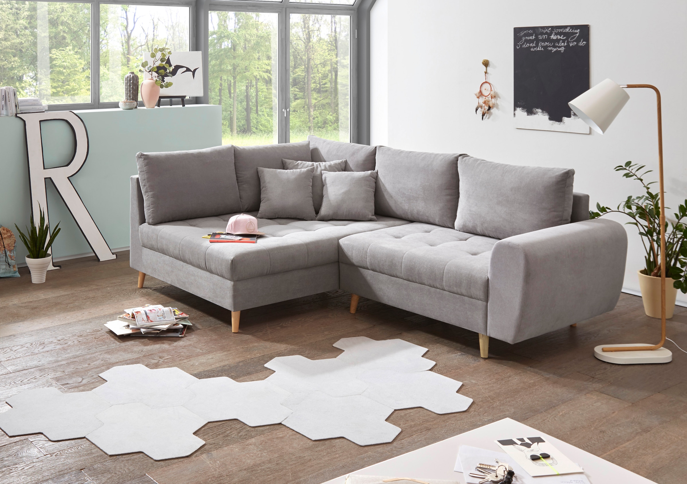 ED EXCITING DESIGN Ecksofa »Alice L-Form«, (Set), mit Hocker, Rückenkissen, Zierkissen, frei im Raum stellbar