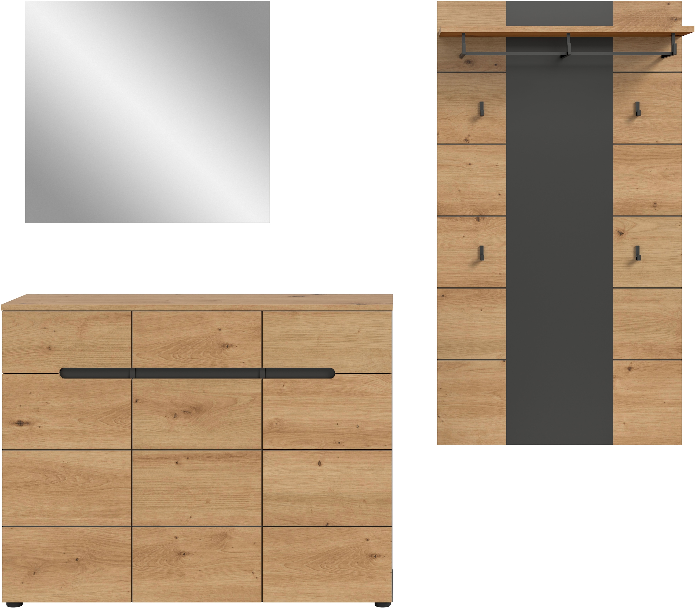 Home affaire Garderoben-Set »REHAT, TOPSELLER!, 3-teilig, Breite 215 cm, individuell erweiterbar« Set, bestehend aus: Kommode, Spiegel und Garderobenpaneel, 3 Stk. tlg.