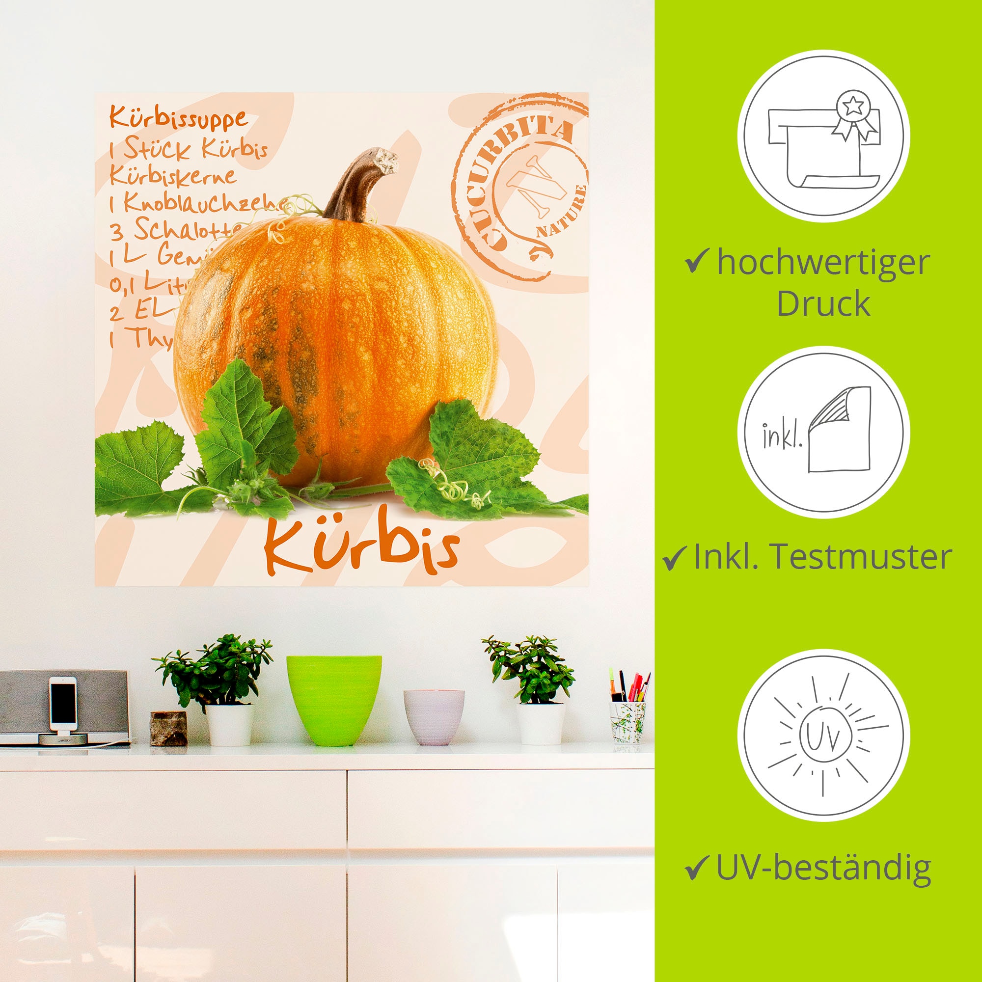 Artland Wandbild »Gelber Kürbis mit grünen Blättern«, Lebensmittel, (1 St.), als Poster, Wandaufkleber in verschied. Größen