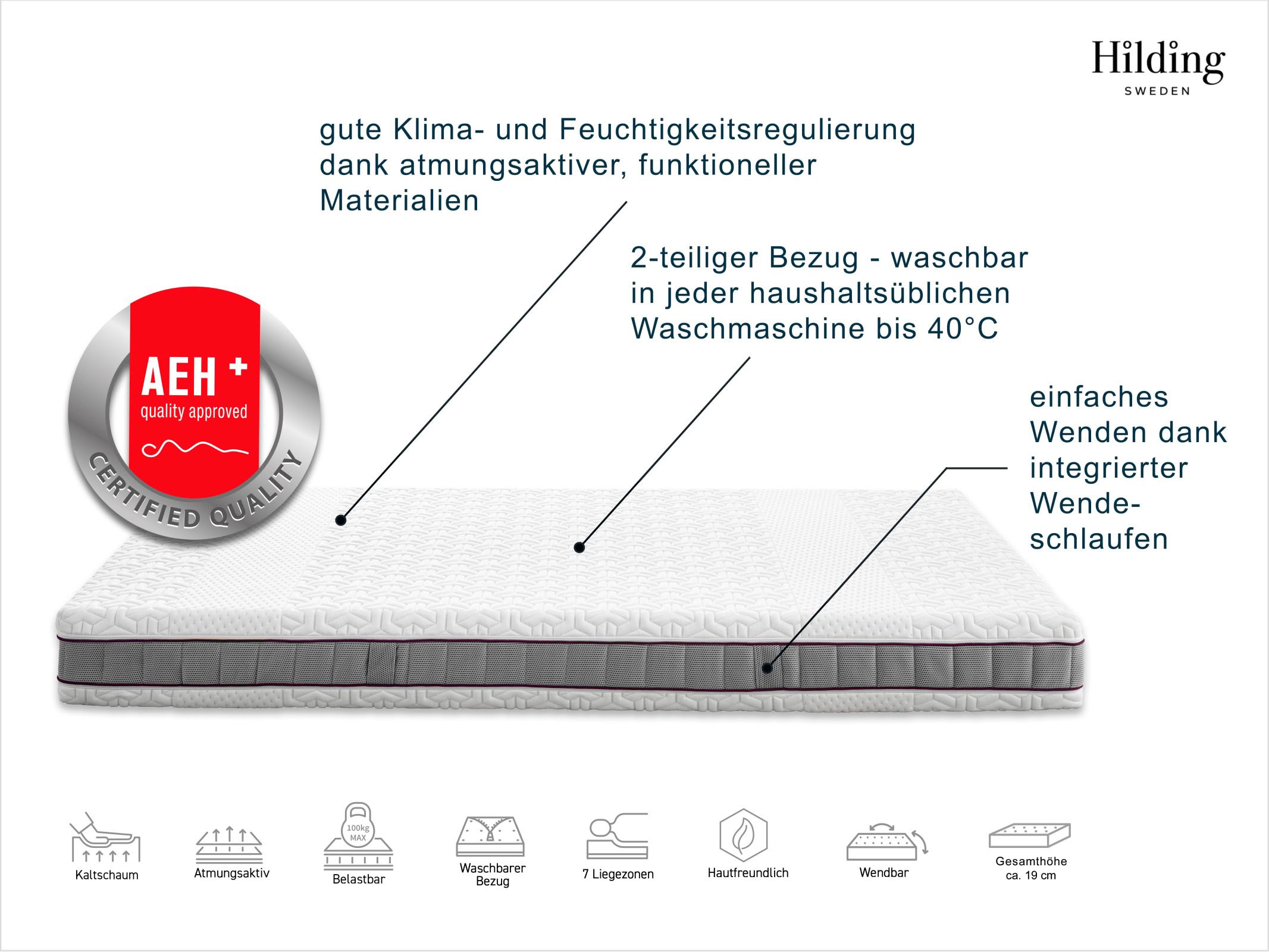 Hilding Sweden Kaltschaummatratze »Hej! Wendematratze, 7 Zonen Matratze 90x200cm & weitere Größen«, 19 cm hoch, Raumgewicht: 35 kg/m³, (1 St., 1-tlg.), 19cm hoch, Matratze H2/H3, ergonomisch, atmungsaktiv