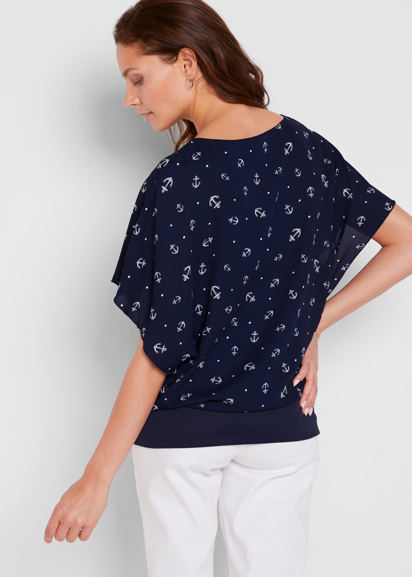 bonprix Shirtbluse lockere Passform, maritimer Allover-Print, angesetztes Taillenbündchen