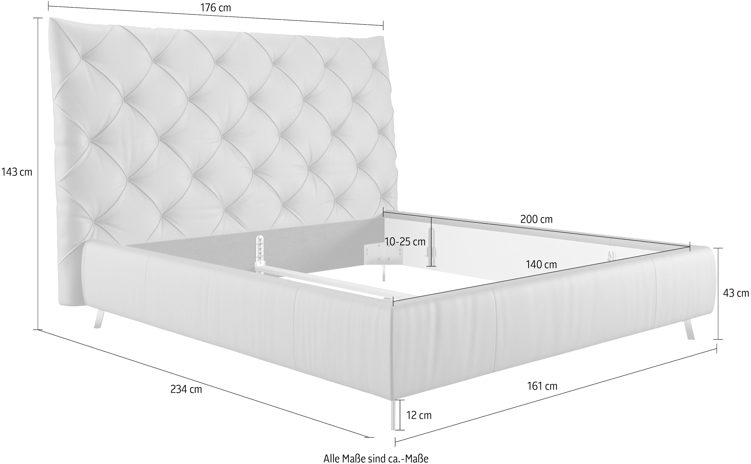 Home affaire Polsterbett »Elloree, in 4 Breiten, hinten mit Originalstoff bezogen, auch in Leder« Kopfteilhöhe 143cm, belastbar bis 280 kg, auch in Überlänge 220cm