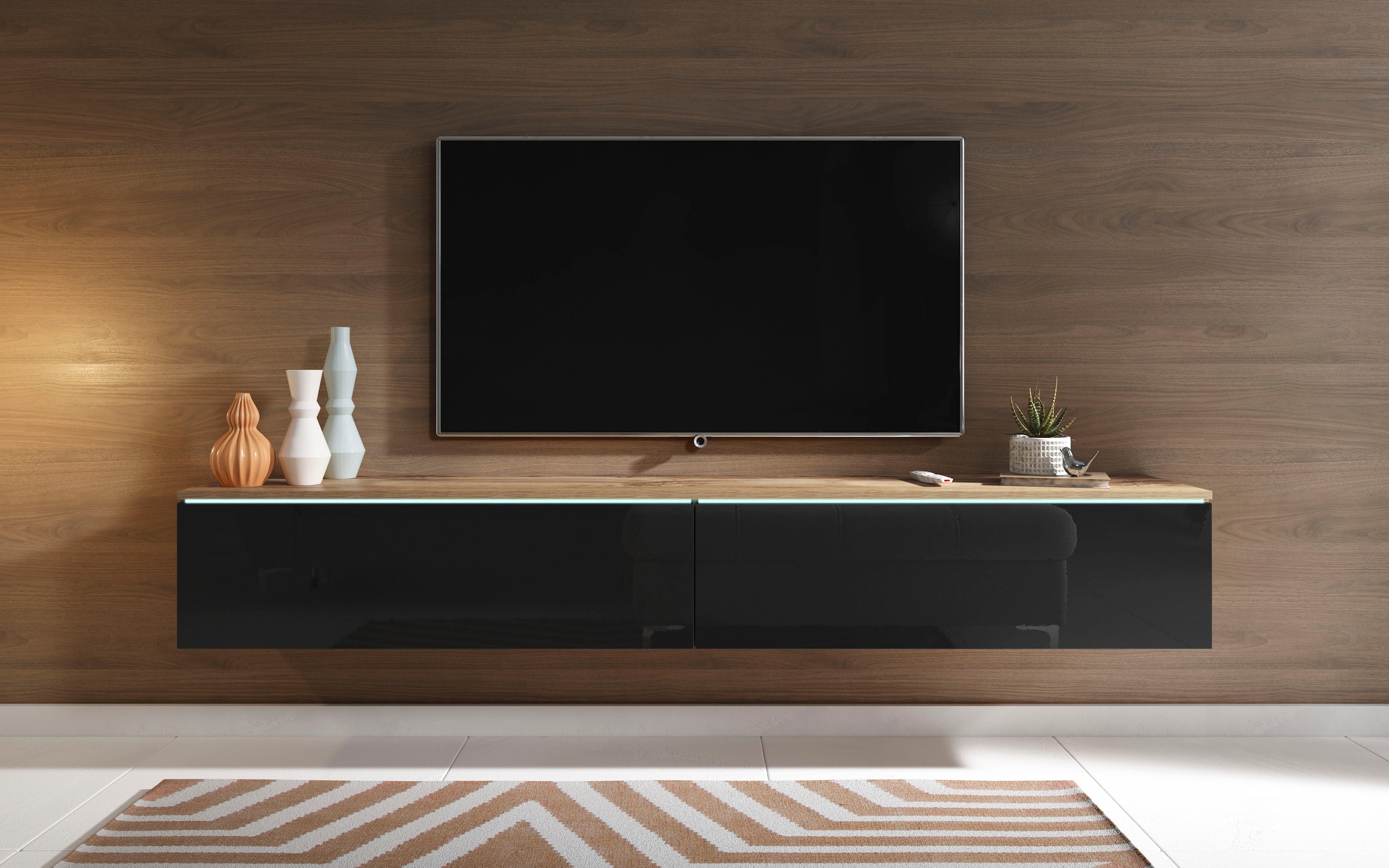 INOSIGN Lowboard »LOWBOARD VERA, wahlweise mit oder ohne Beleuchtung«, Modernes griffloses TV-Board, 180 cm TV-Schrank, stehend und hängend