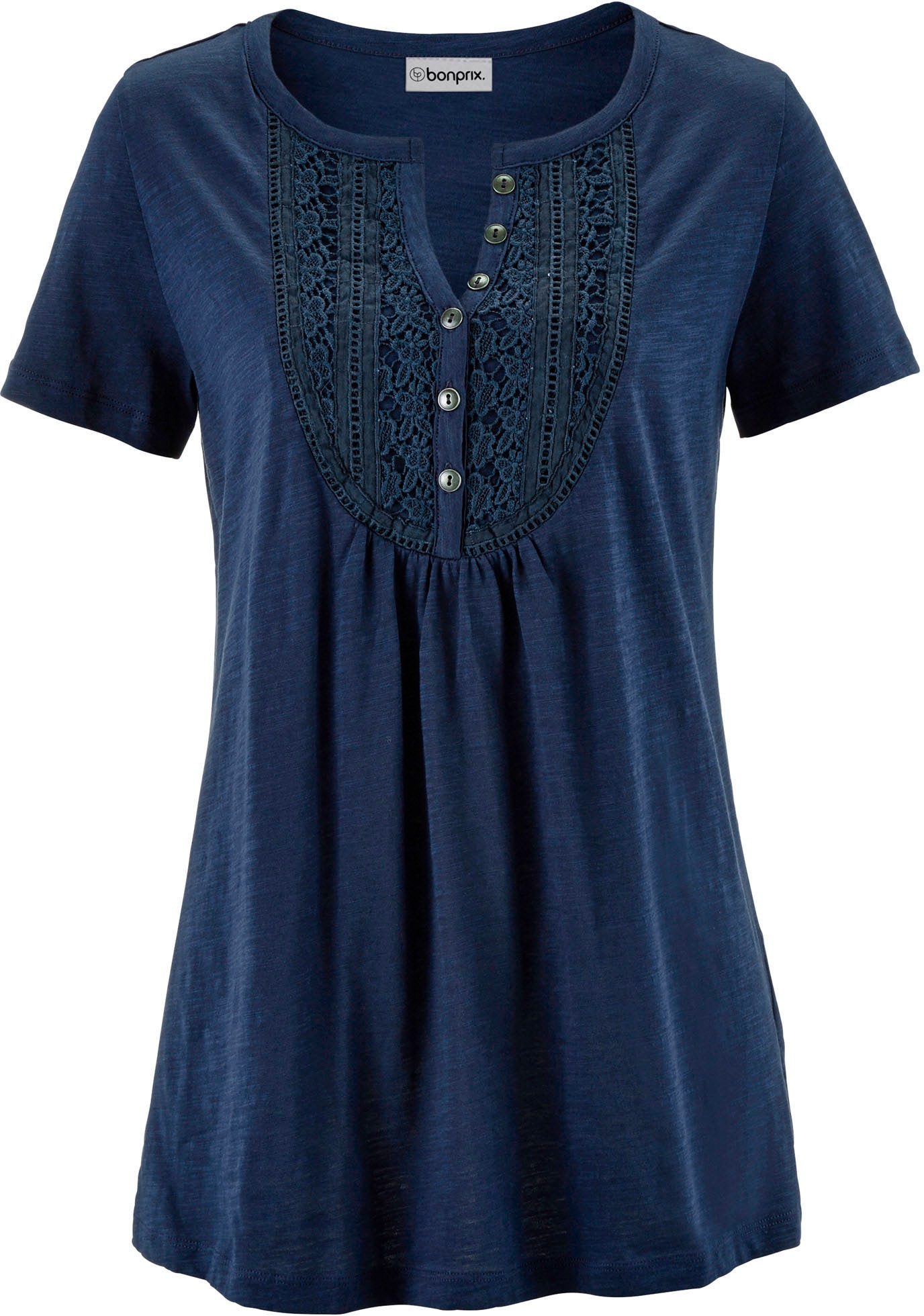 bonprix T-Shirt leicht ausgestellte Passform, Rundhals-Ausschnitt mit Zierknopfleiste