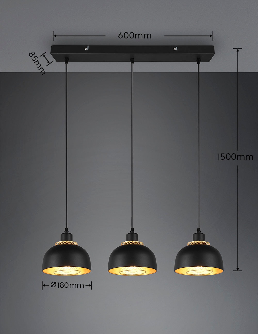 REALITY Leuchten Pendelleuchte »Punch«, 3 flammig, Leuchtmittel E27 | ohne Leuchtmittel, 3-flg, Industrie-Look mit Doppelschirm schwarz-gold exkl 3xE27 max 40W