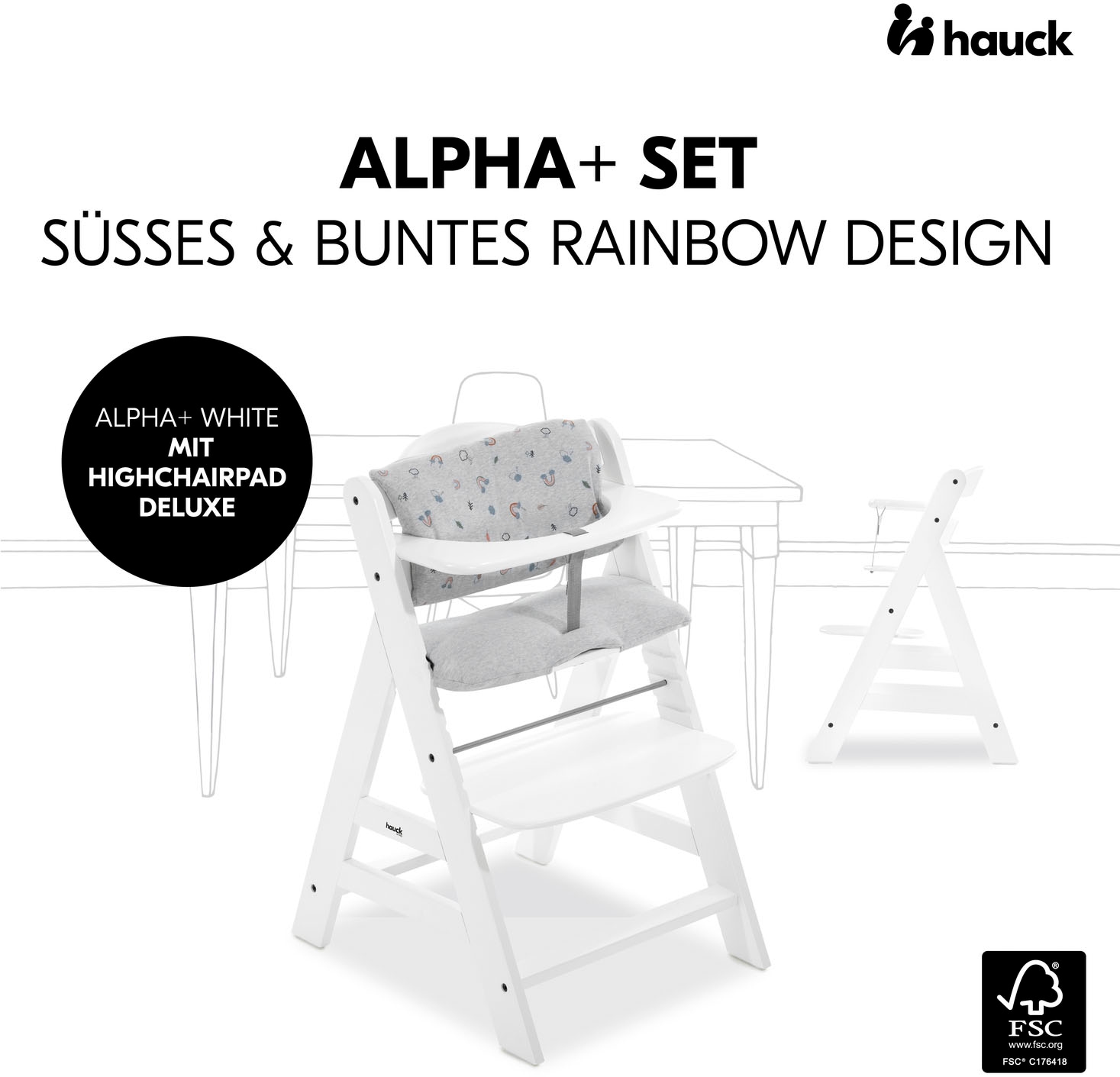 Hauck Hochstuhl »Alpha+, weiß + Sitzauflage Rainbow«, (Set), 3 St.