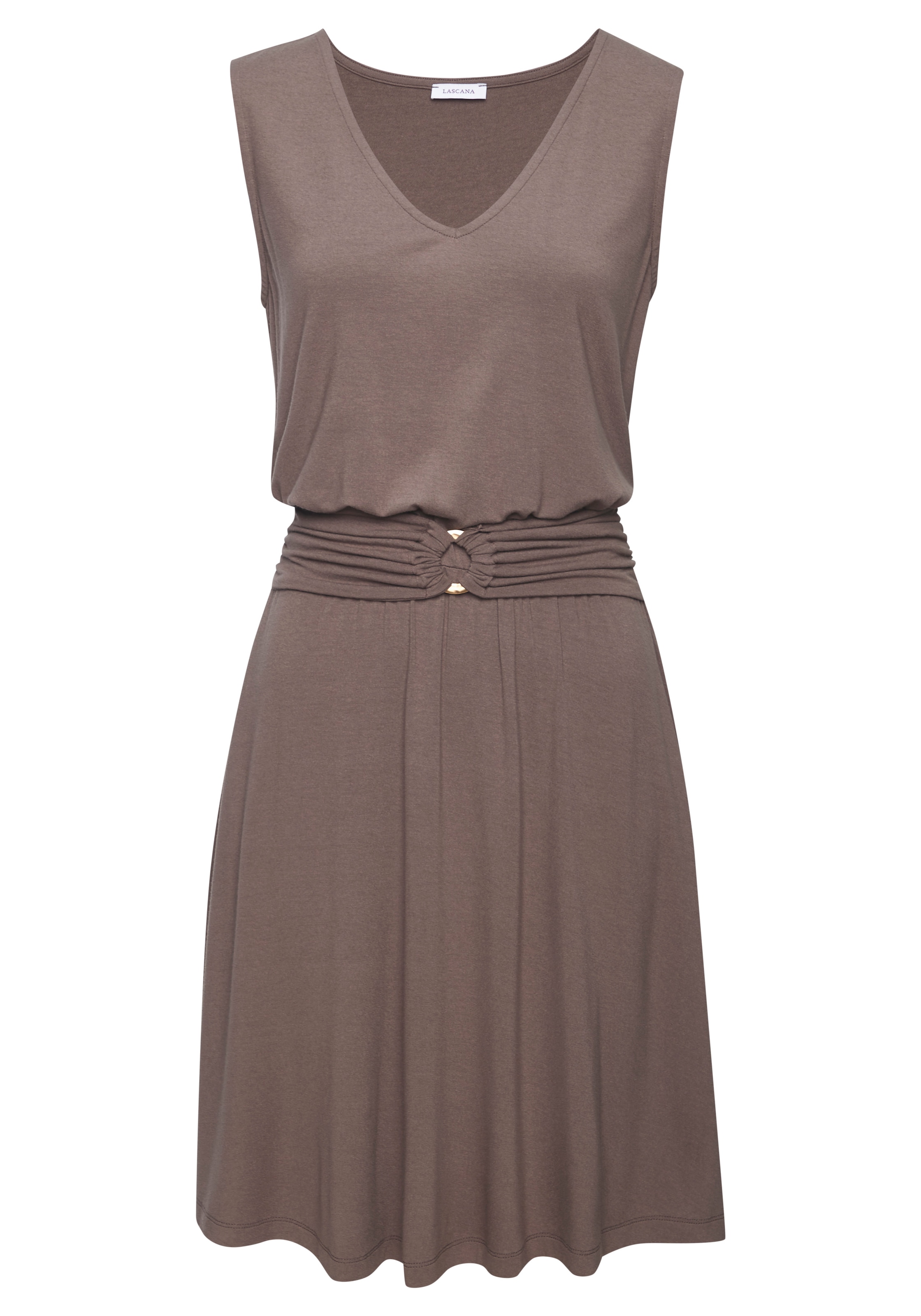 LASCANA Jerseykleid »mit schwingendem Rock und goldenem Zieraccessoire« Ohne Taschen ärmelloses Sommerkleid mit breiten Trägern und V-Ausschnitt