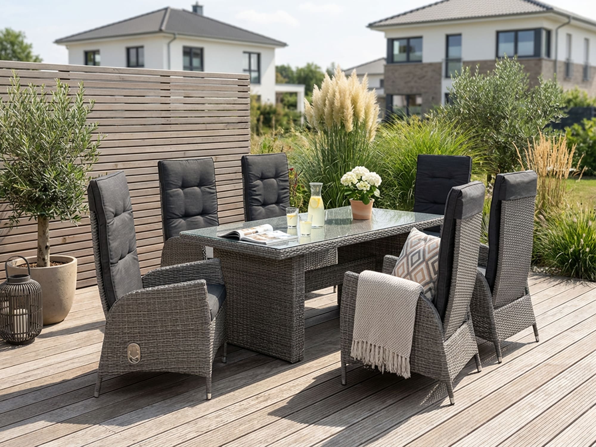 KONIFERA »Brisbane« 6 Sessel, Rückenlehne verstellbar, inkl. Auflagen, Tisch 92x192x74 cm,, 13 Stk. tlg. Aluminium/Polyrattan, Tischplatte aus Stone-Spray-Glas in Steinoptik