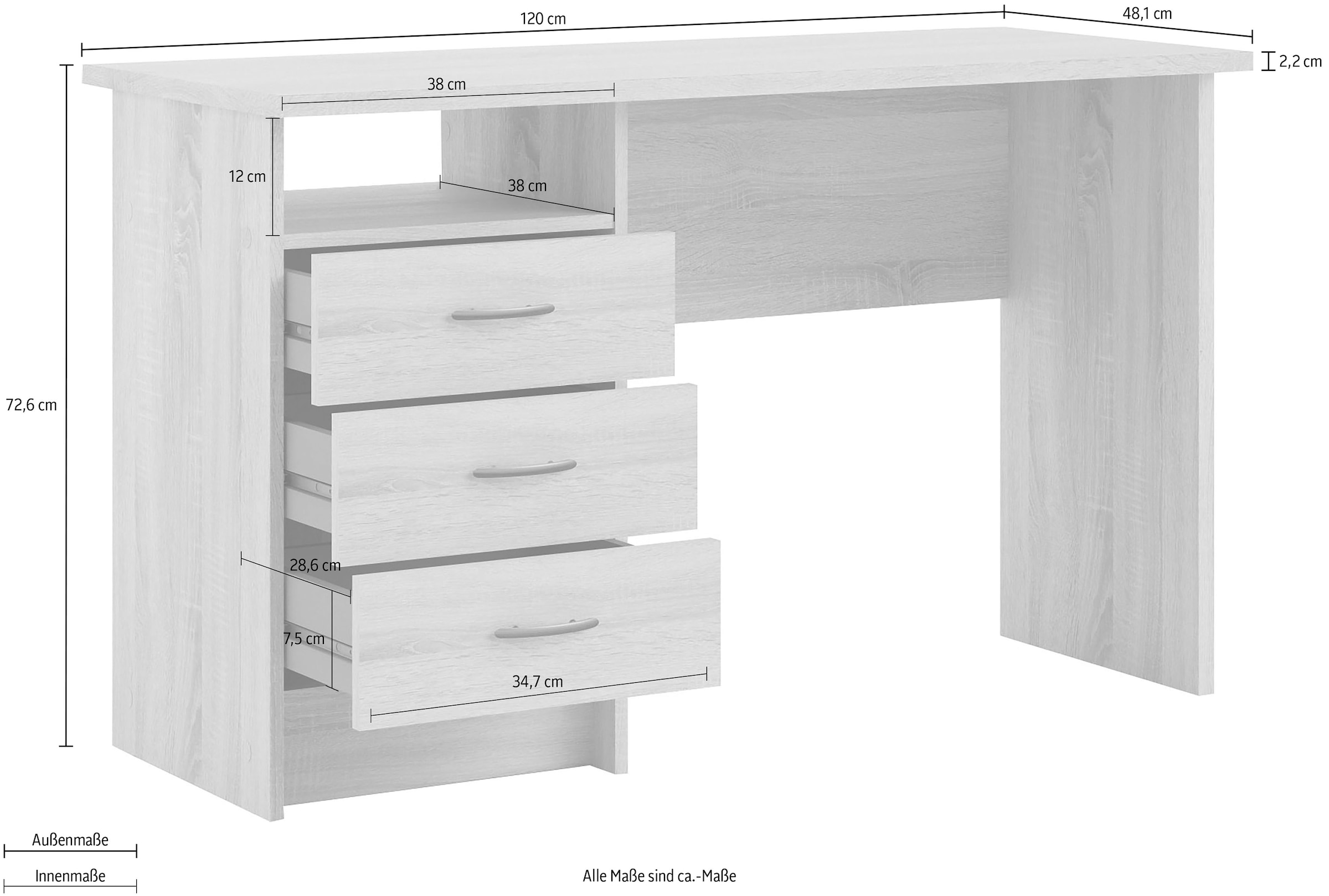 INOSIGN Schreibtisch »Function Plus, Arbeitstisch, Bürotisch«, Computertisch mit 3 Schubladen, Breite 120 cm, Tiefe 48 cm