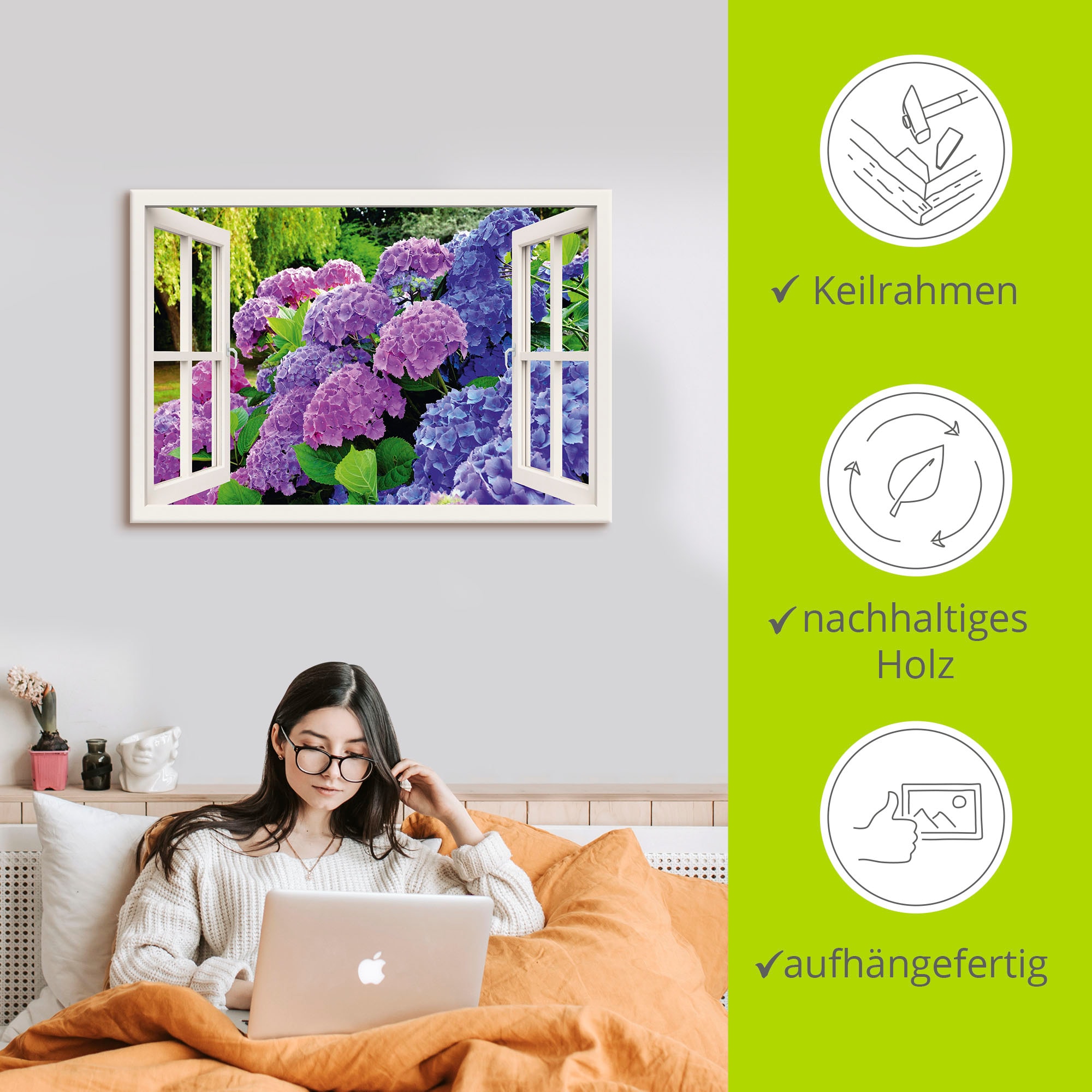 Artland Wandbild »Fensterblick Hortensien im Garten«, Blumen, (1 St.), als Leinwandbild, Poster in verschied. Größen