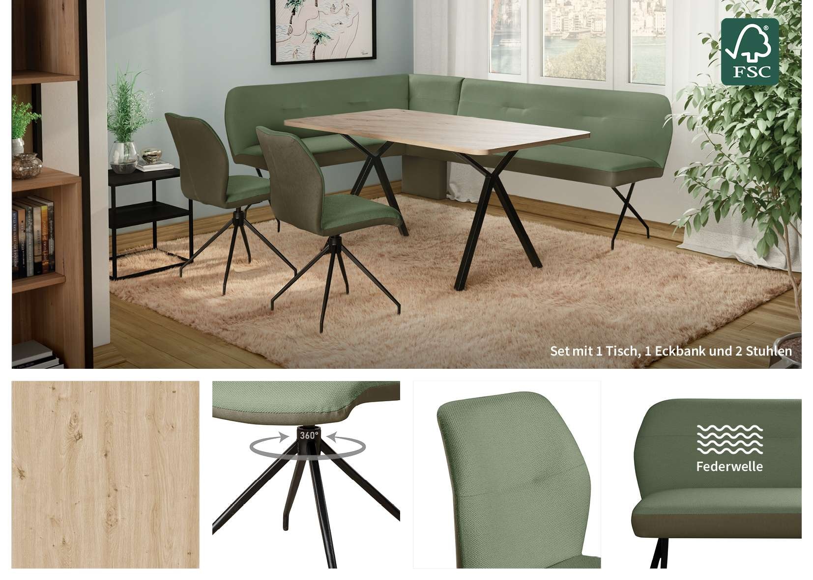 OTTO home Eckbankgruppe »Bruna Essecke, Sitzgruppe, Eckbankgruppe, Küchenbankgruppe« Set, 4tlg, 4 tlg. tlg. Stuhl: 360° drehbar (Rückst.), 2-Stoff-Design. Wellenfederung Eckbank