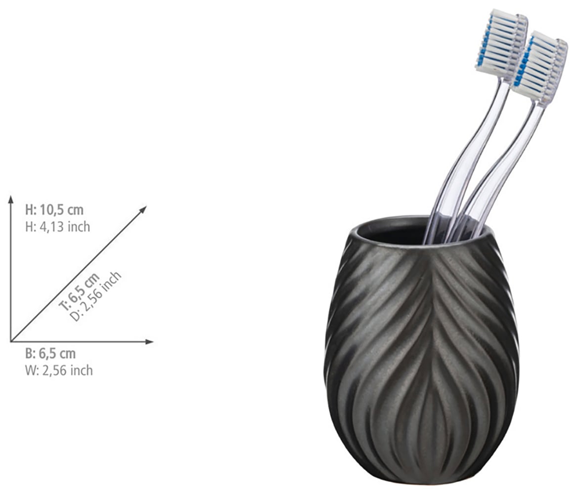 WENKO Badaccessoire-Set »Modell Idro Anthrazit«, (2 tlg.), Seifenspender und Zahnputzbecher aus Keramik, Linien-Struktur