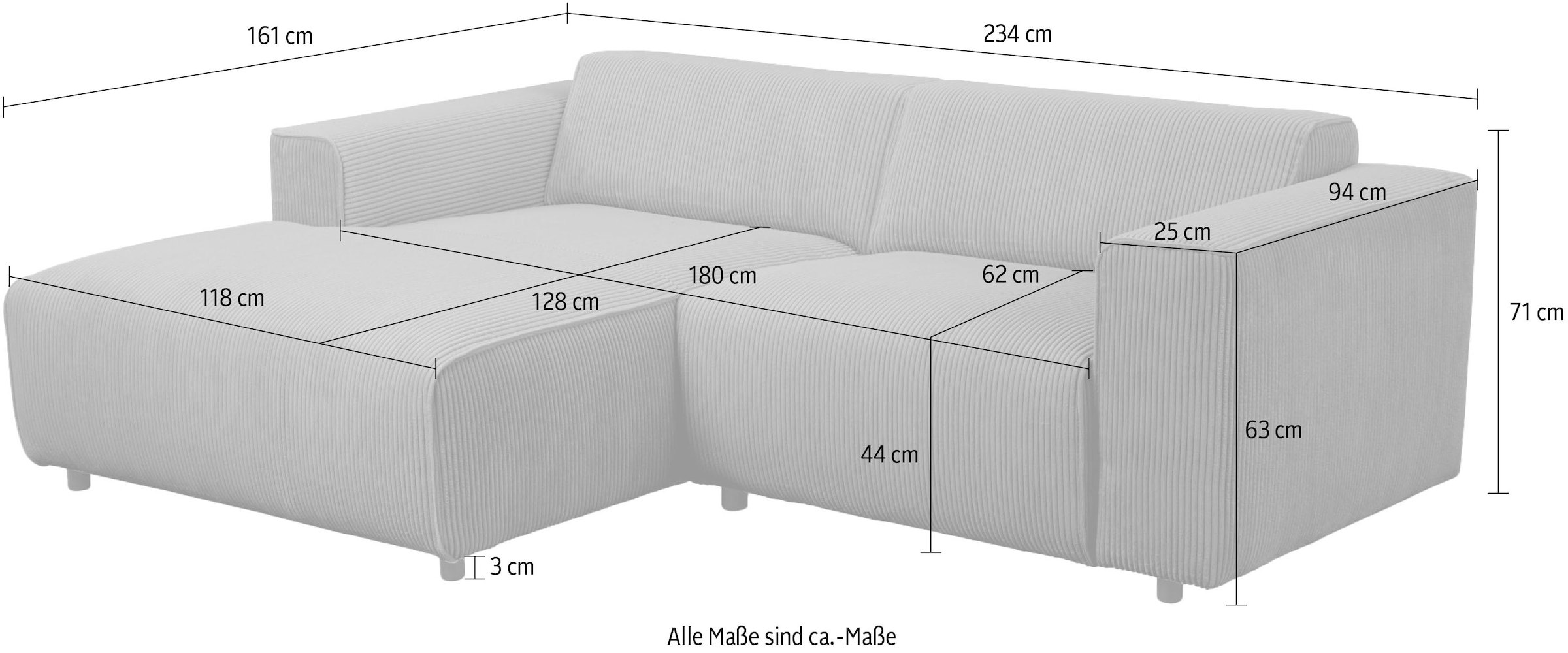 andas Ecksofa »Noord mit Kedernaht, Breite 234 cm«, Cord, Struktur, Webstoff, mit Wellenunterfederung, Massivholzrahmen