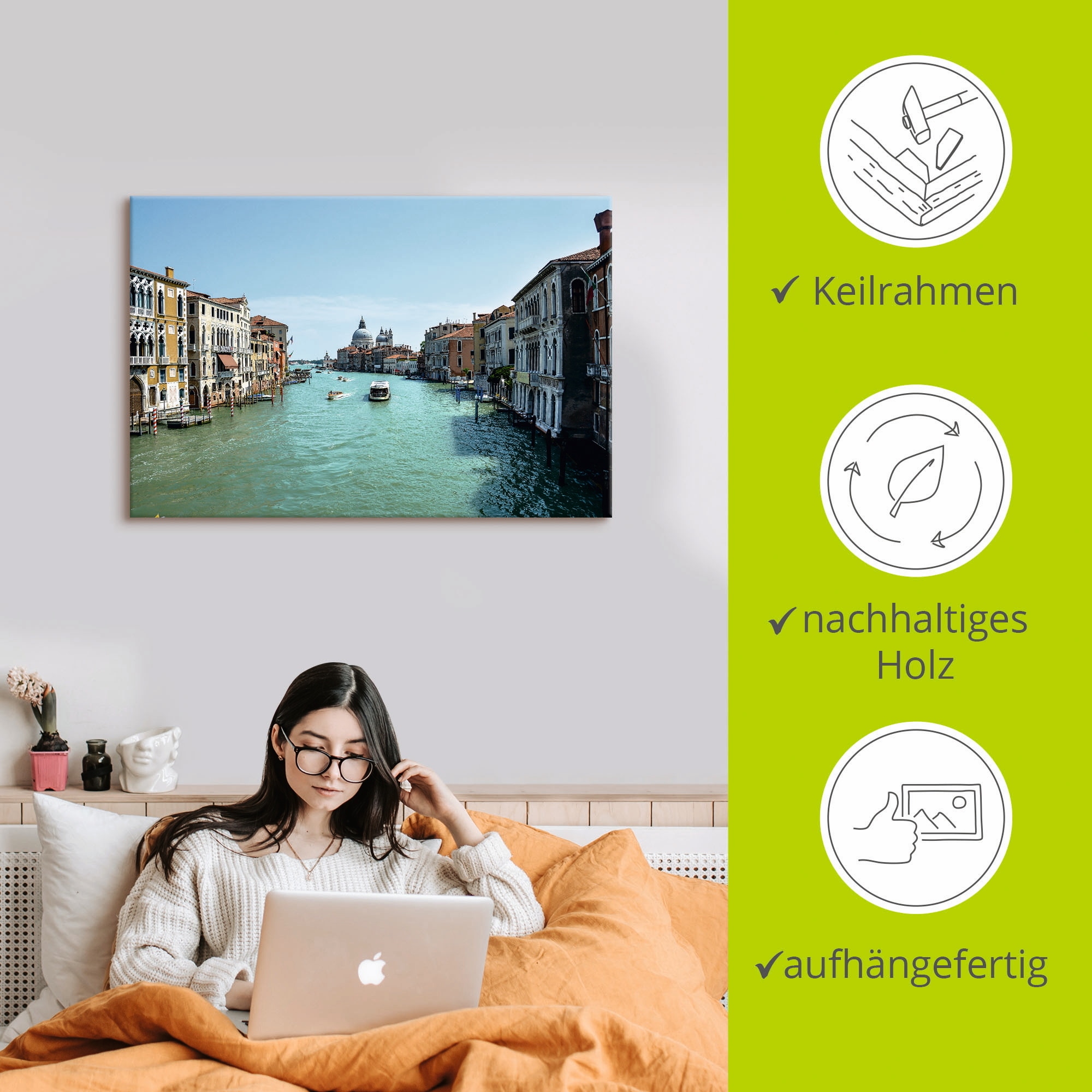 Artland Leinwandbild »Canale Grande Venedig bei Sonnenschein«, Italien, (1 St.), auf Keilrahmen gespannt