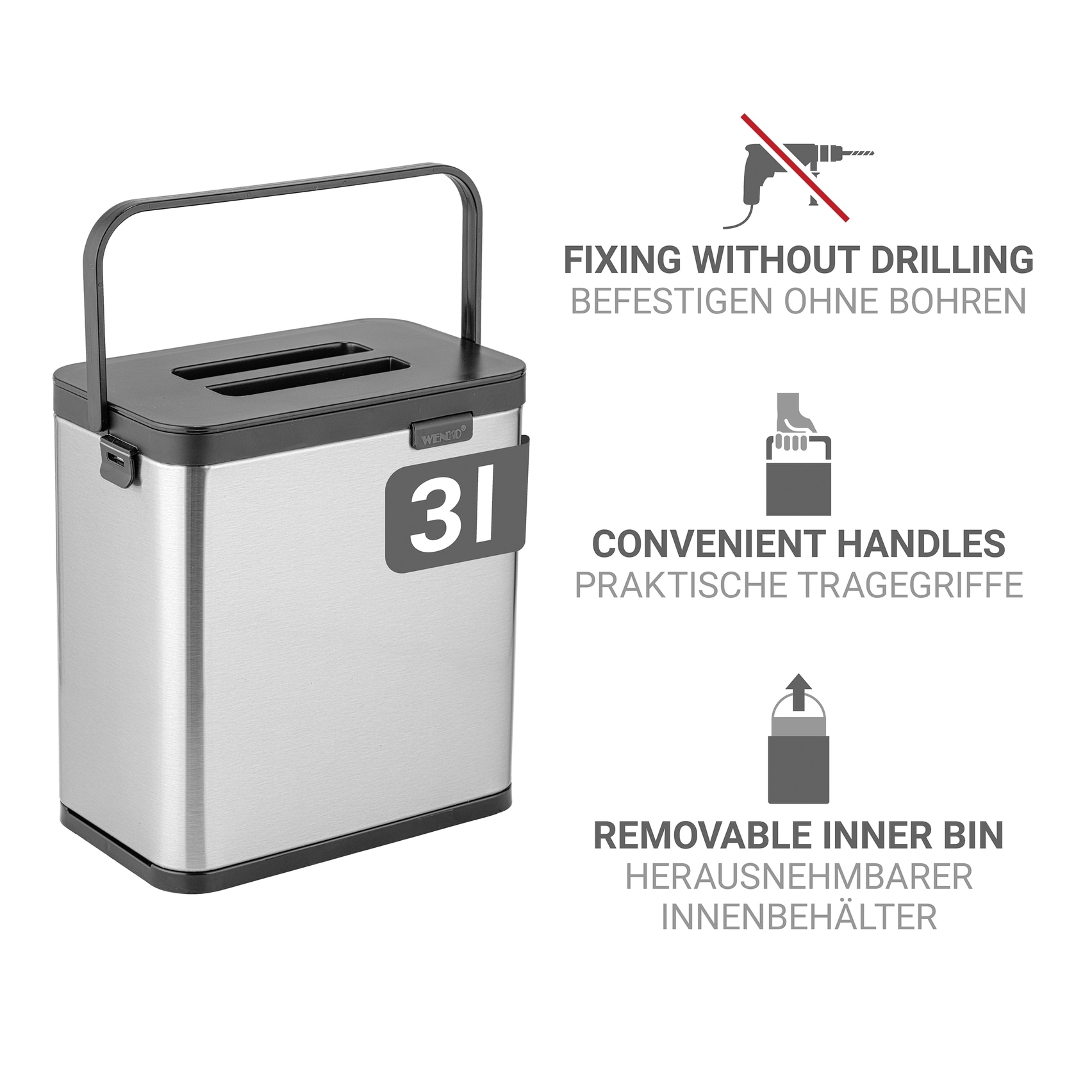 WENKO Mülleimer »Modell Colin« 1 Behälter Abfalleimer mit Griff, Über-Tür-Befestigung ohne Bohren, 3 L