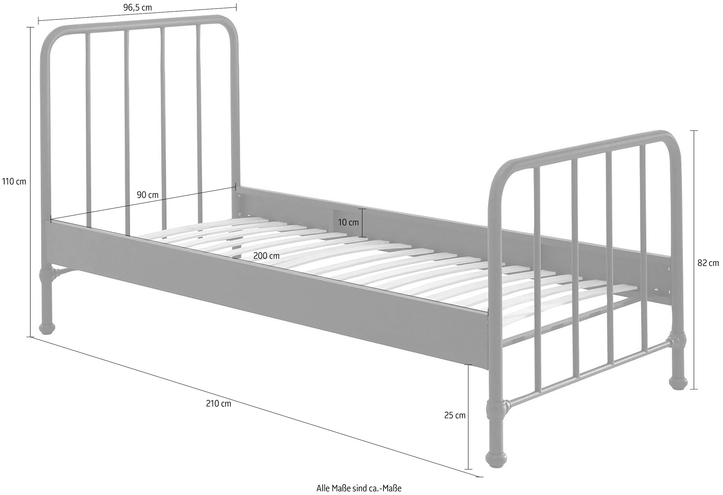 Vipack Jugendbett »Bronxx, Einzelbett 90/200, sehr stabil, romantische Optik«, (B/H/T ca. 96,5x110x206cm, inkl. Lattenrost, Bodenfreiheit), Oberfläche pulverbeschichtet, verschiedene Farben zur Wahl