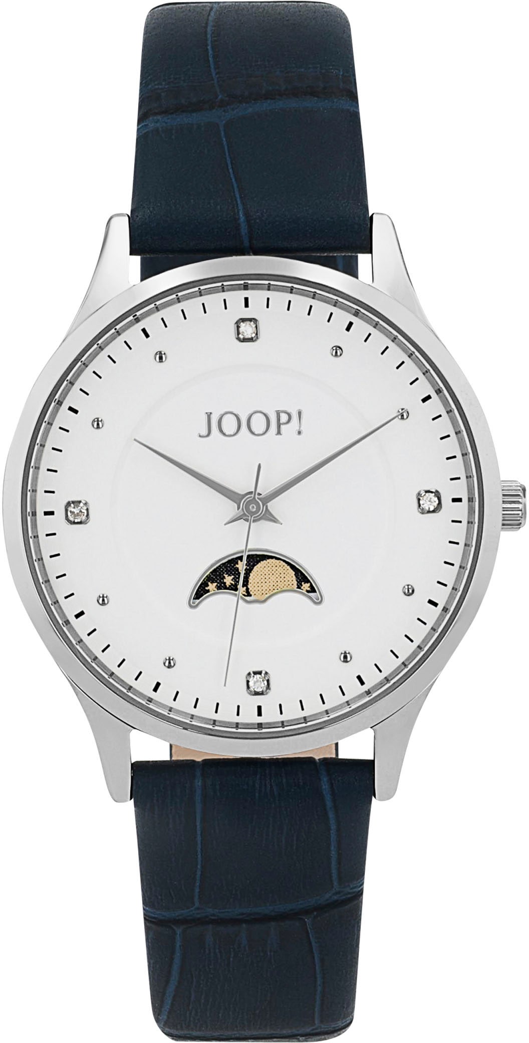 JOOP! Quarzuhr Armbanduhr, Damenuhr, Lederarmband, analog,Zirkonia (synth.),Mondphase